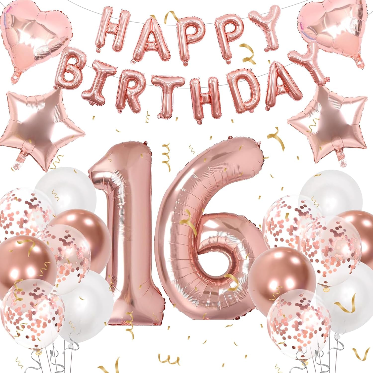 16Th Birthday Decorations for Girls, Rose Gold 16Th Birthday Decorations, Rose Gold 32 Inch Number 16 Foil Balloon with Banner, Star Confetti Balloon for 16 Party Deko