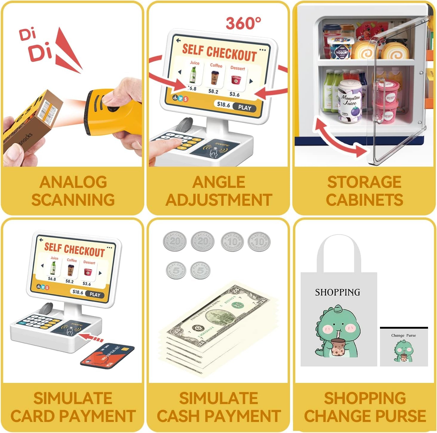 Cash Register Playset for Kids - 48PCS Pretend Play Money, Calculator, Scanner, Credit Card and Play Food for Boys and Girls Ages 3+ (668-125)