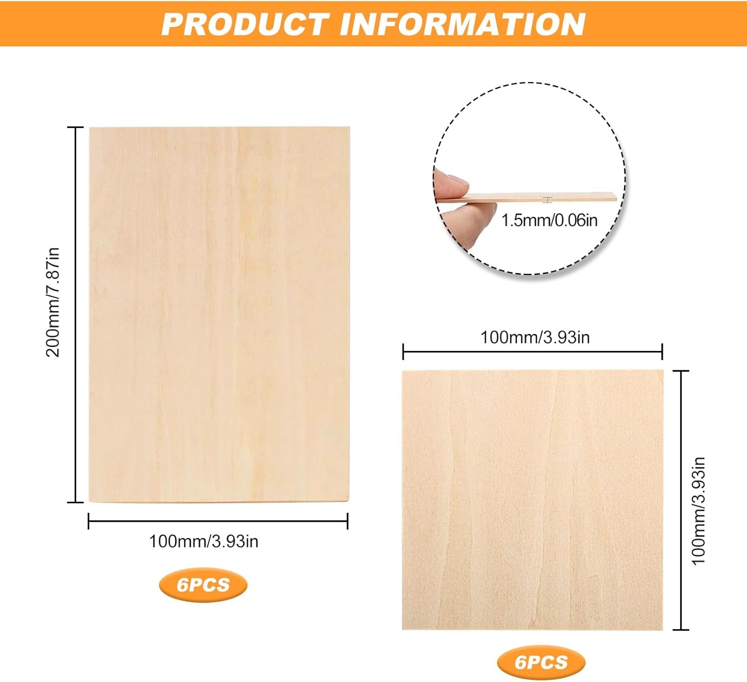 Basswood Sheets, 12 Pcs Blank Plywood Sheets 1.5Mm Thin Craft Basswood Sheet Squares Board for Crafts Painting 200X100Mm, 100X100Mm
