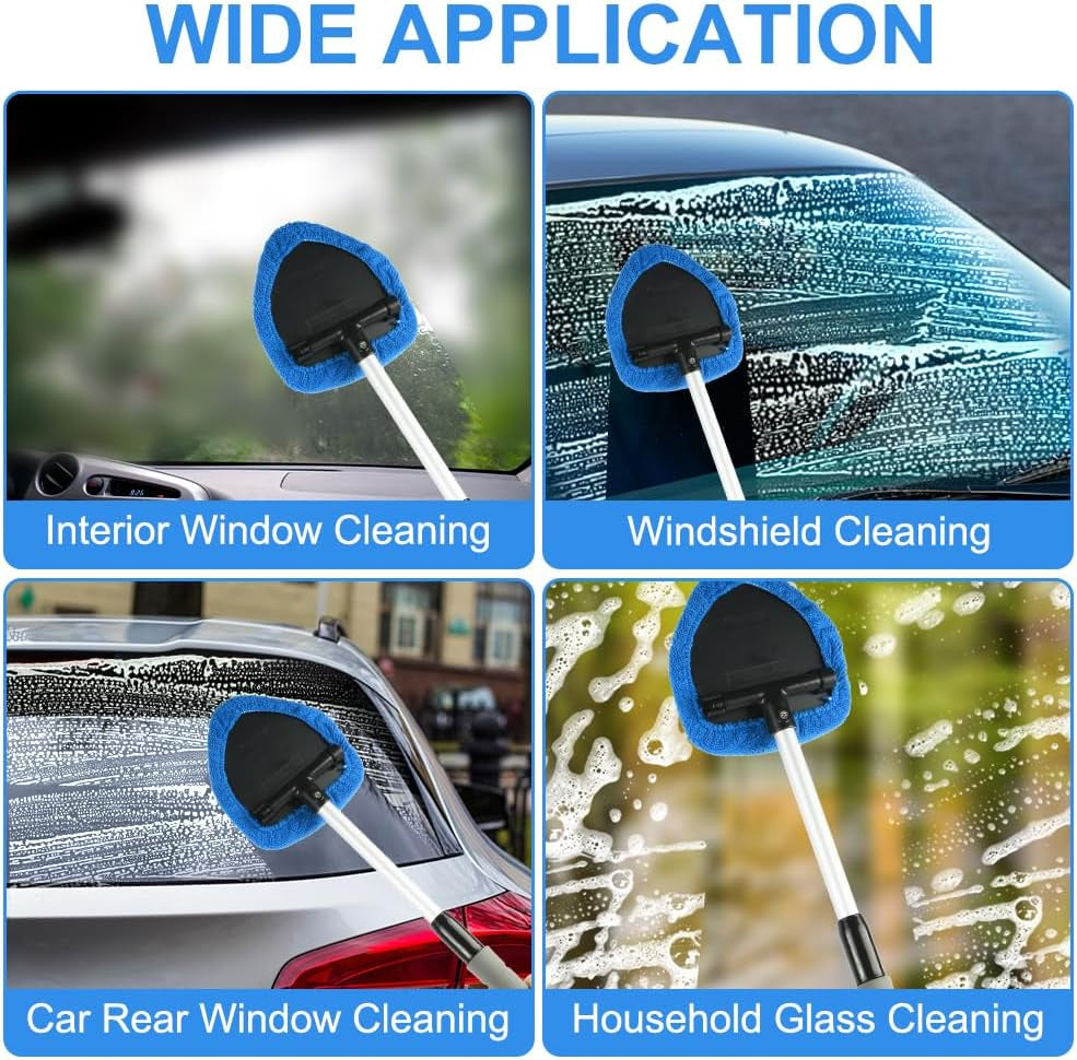 Car Window Cleaner Kit, Multifunctional Expandable Windscreen Cleaner, Car Windscreen Cleaner with 5 Reusable Microfiber Pads, 1 Spray Bottles,180° Swivel Head, Ideal for All Vehicles(Triangle)