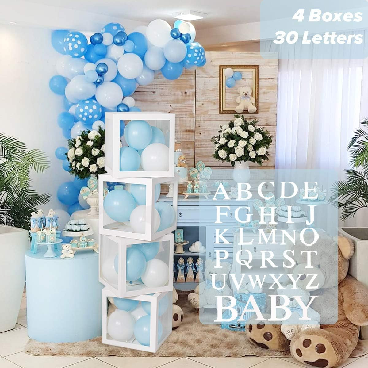 Baby Shower Decoration Balloon Boxes – 4Pcs DIY White Transparent Boxes with 30 Letters BABY + A-Z for Boys Girls Baby Shower,Diy Name Combination,Gender Reveal Backdrop Birthday Party Supplies
