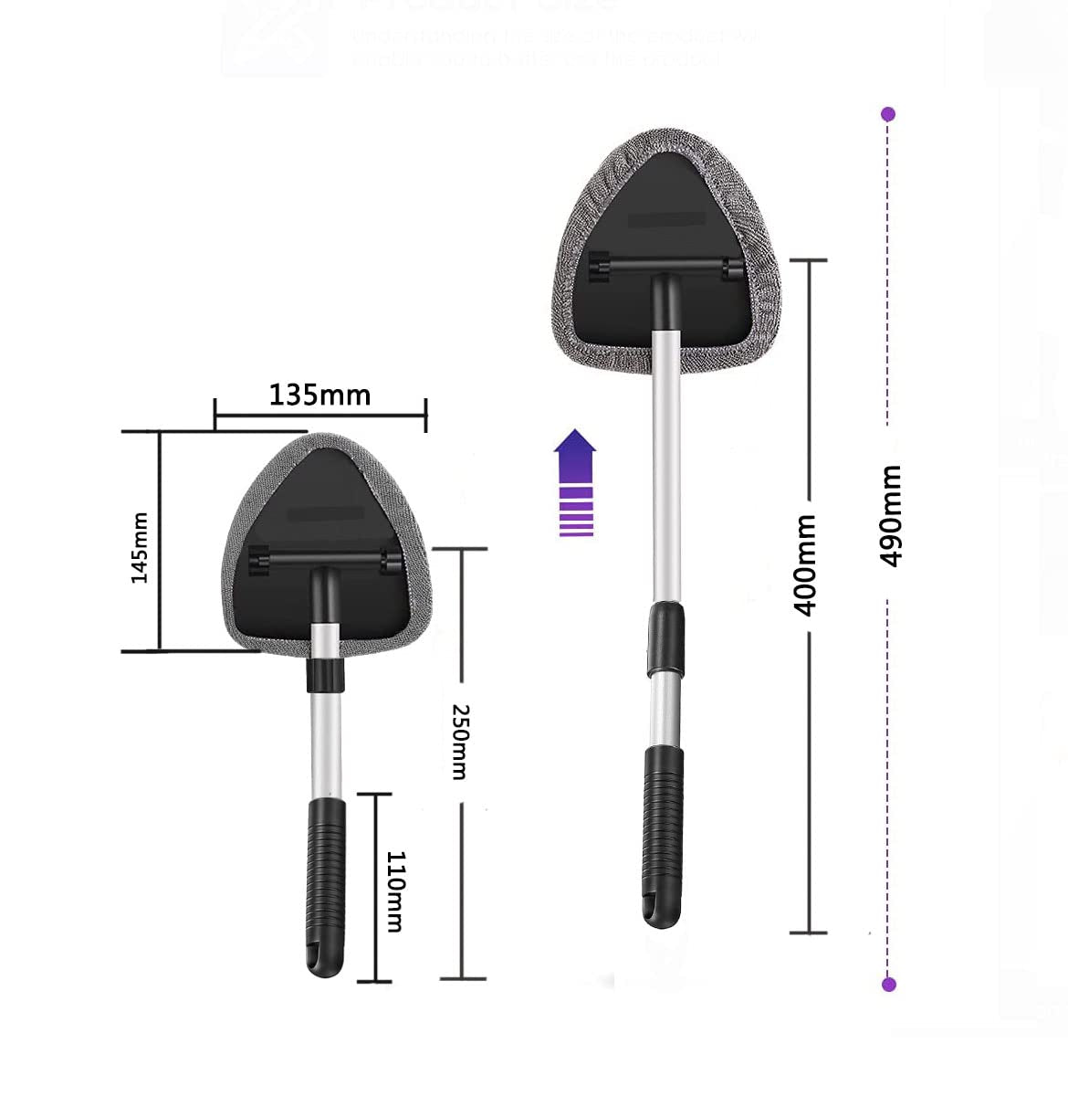 Car Windscreen Cleaner Tool, Glass Screen Cleaner Kit, Window inside Cleaning Brush with 4 Reusable and Washable Microfiber Pads, with Extendable Handle, Gray