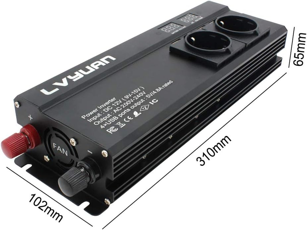 Cantonape Power Inverter 1000W/2000W Peak DC 12V to AC 230V 240V Converter with 4 USB Interfaces 2EU+1 Universal Socket