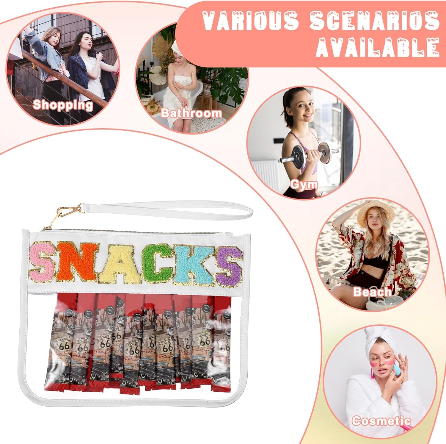 Chenille Letter Snack Bag Clear Makeup Bag Zipper Snack Pouch Waterproof Cosmetic Bag Toiletry Storage Bag Small Travel Bag for Women