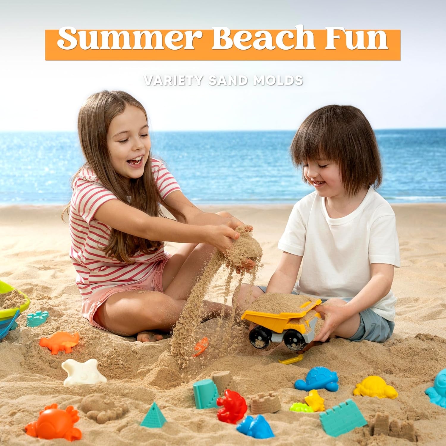 Beach Sand Toys Set - Dump Truck Car Toy with Sand Molds for Toddlers Outdoor Play, Collapsible Foldable Buckets Mesh Bag Shovels Castle Animal Mold Sets, Kids Ages Sandbox Toys (Animals)