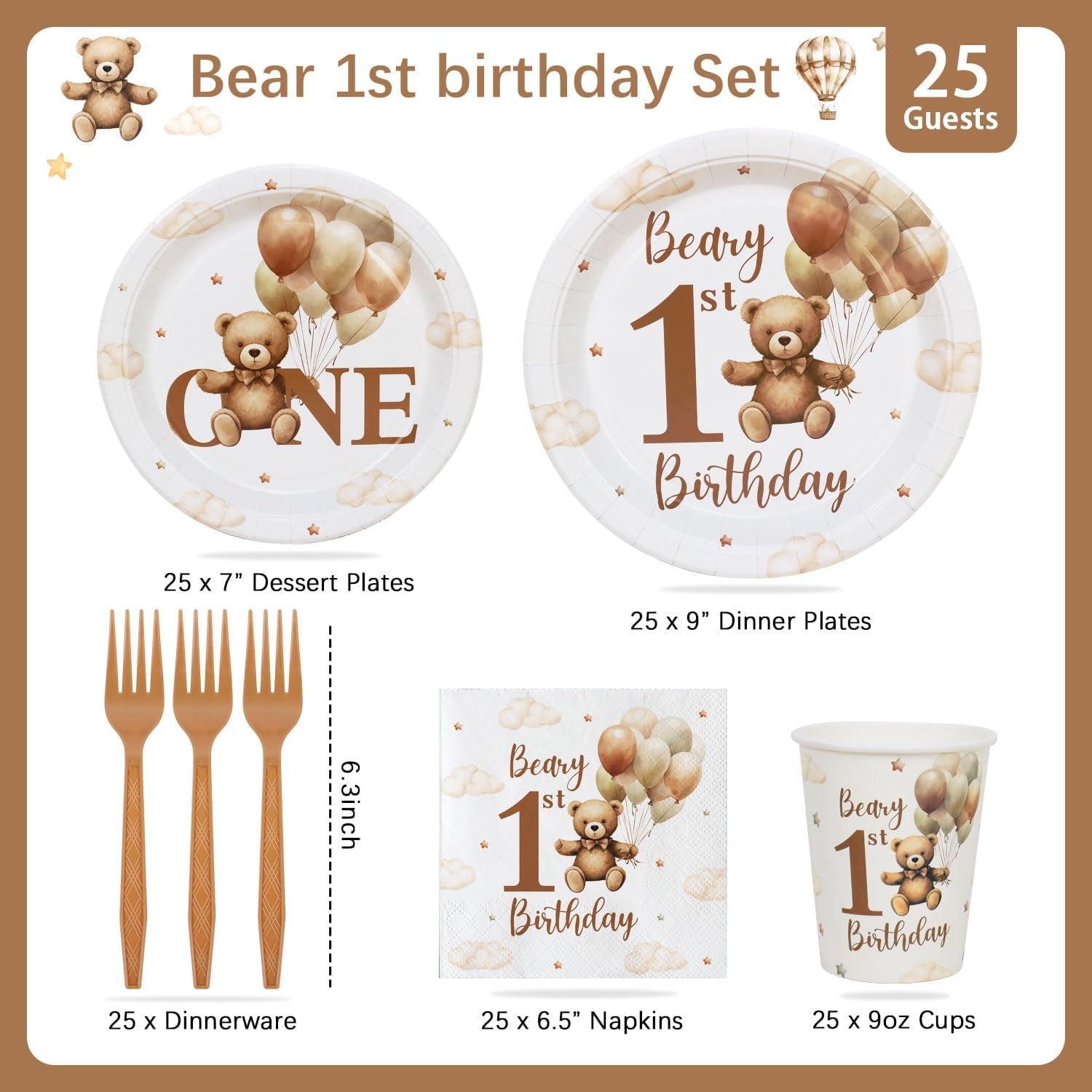 Beary First Birthday Decorations Boy Bear 1St Plates for 25 Guests, 1St Birthday Decorations for Boys 125Pcs Teddy Bear Beige Balloon Party Plates Cups and Napkins Baby One Party Decor