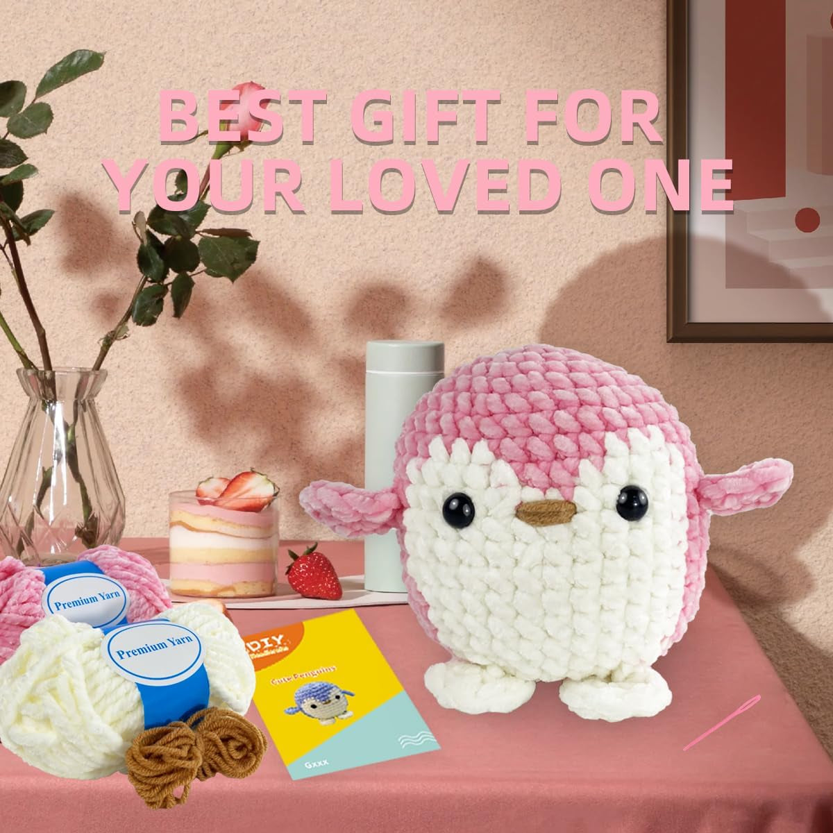 Crochet Kit for Beginners Adults - Knitting Kit with Step-By-Step Video Tutorial - Perfect for New Craft Lovers - Creative DIY Handicraft Gift for Kids Women Men - Pink Penguin