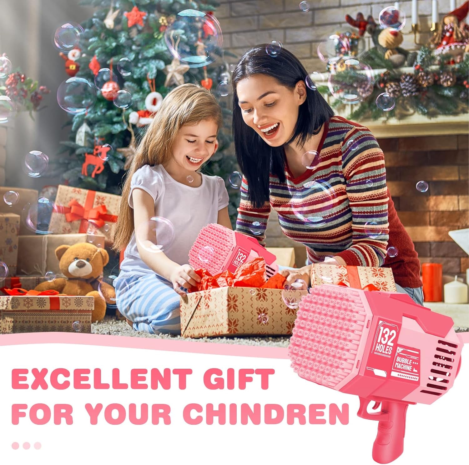 Bazooka Bubble Gun, 132 Holes Bubble Machine with Extra 10 Concentrated Bubbles Solution, Bubble Kids Toy for Boys Girls, Bubble Blaster for Birthday, Wedding, Outdoor Fun (Pink)