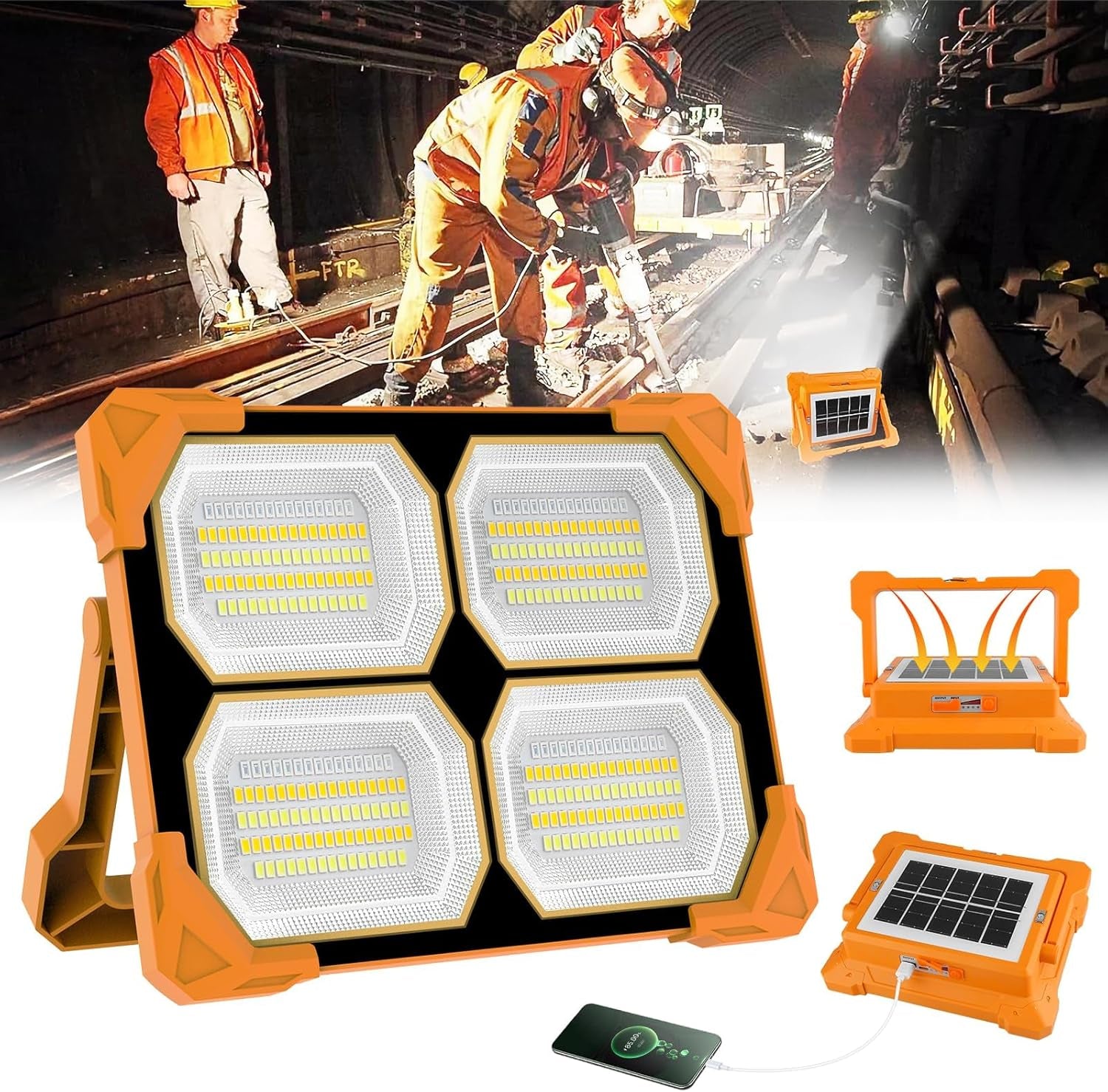 100W Portable Rechargeable Work Lights, 348 Leds Solar Flood Lights Outdoor with USB IP66 Waterproof 12000MAH 5000LM 4 Light Modes and Magnetic Suction for Yard, Garage, Fishing, Hiking