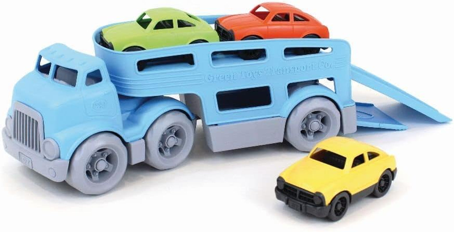 Car Carrier, Blue - Pretend Play, Motor Skills, Kids Toy Vehicle. No BPA, Phthalates, PVC. Dishwasher Safe, Recycled Plastic, Made in USA (4 Piece Set)