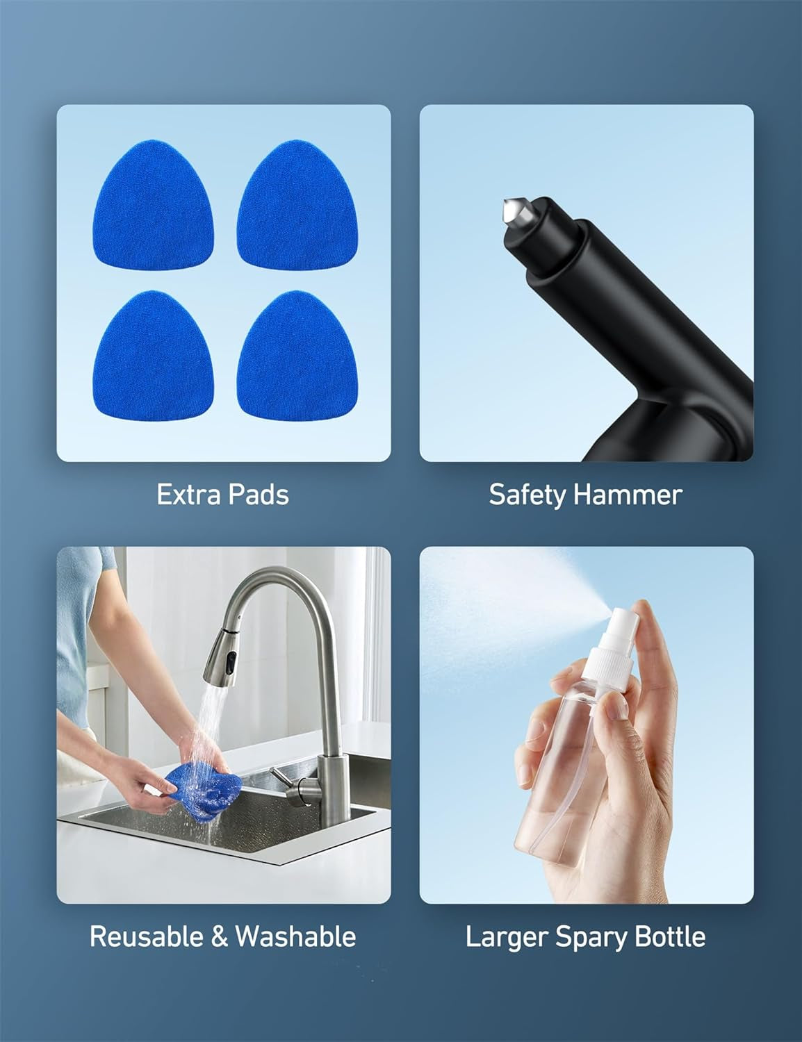 Car Windscreen Cleaner, Car Window Cleaner with 4 Reusable and Washable Microfiber Pads, Windshield Cleaning Tool with Detachable Handle Auto inside Glass Wiper Kit, Blue