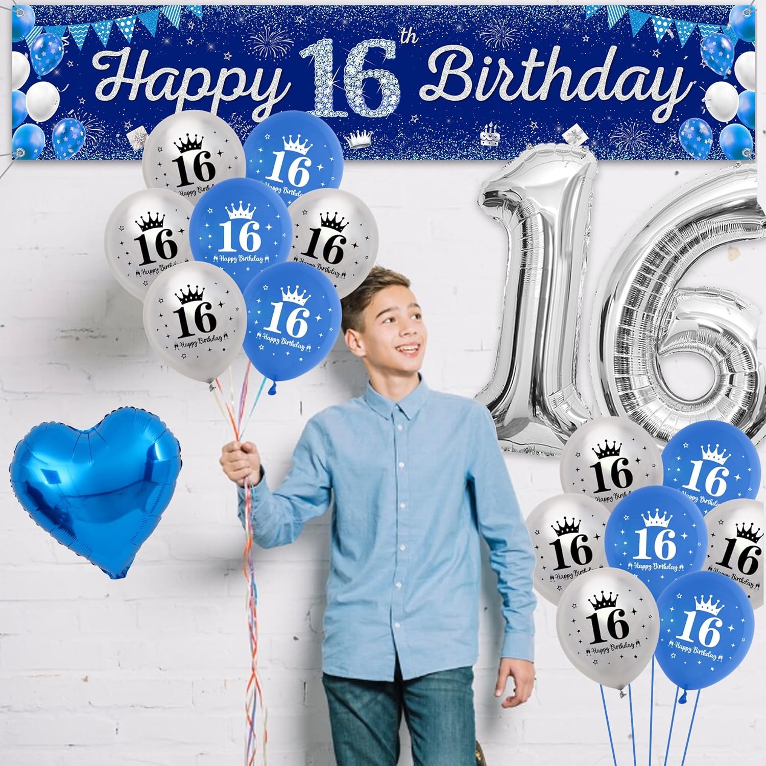 Boys 16Th Birthday Decorations Blue - 31 Pieces Blue Silver Party Decoration, Happy Birthday Banner, Number 16 Foil Balloons, Backdrop, Latex Balloon, Cake Topper for Kids Girl Anniversary Decor Gifts