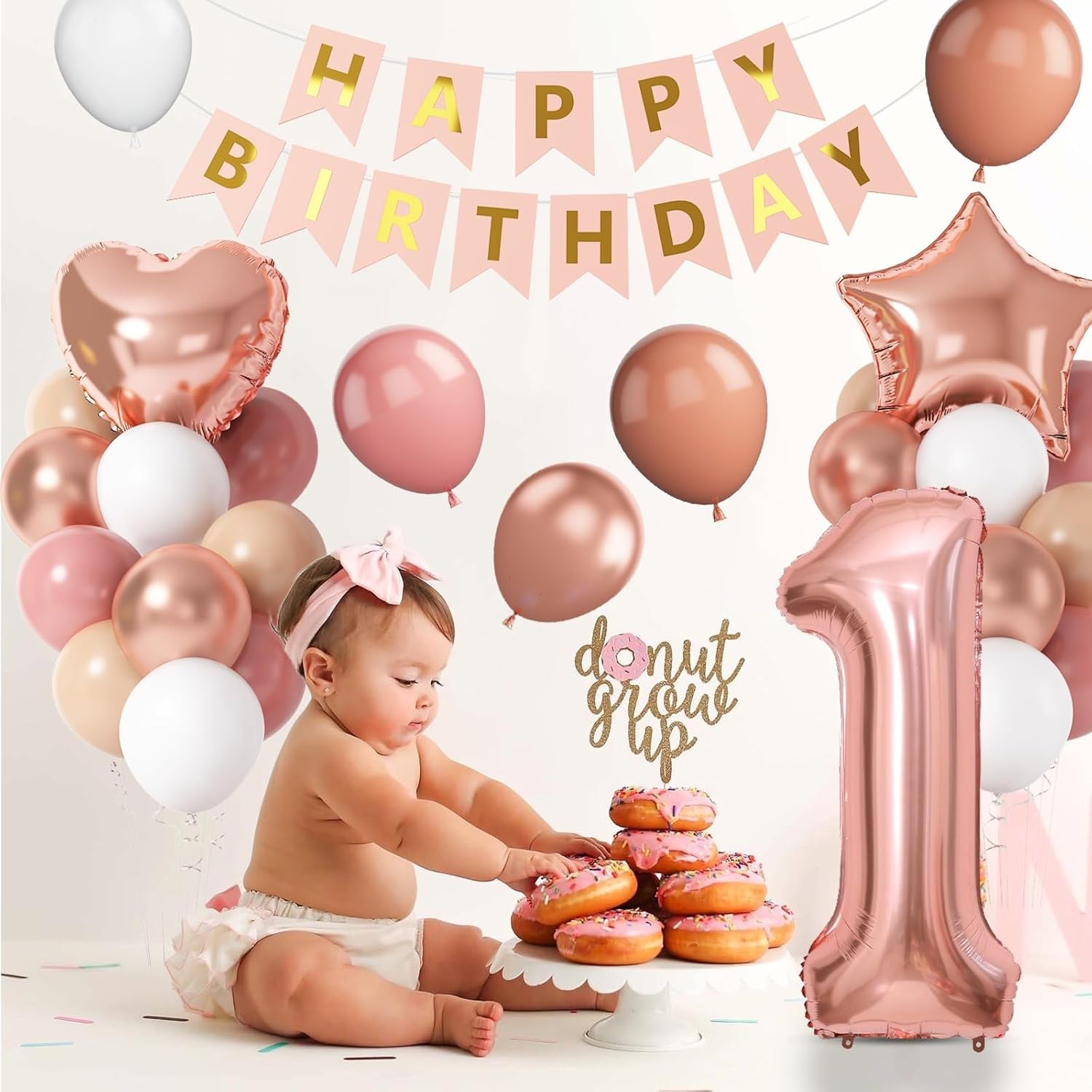 Boho St Birthday Decorations for Girls, Dusty Pink Rose Gold White Balloons with 40 Inch Number  Star Heart Foil Balloons Birthday Banner for  Year Old Groovy Anniversary Baby Shower Decor