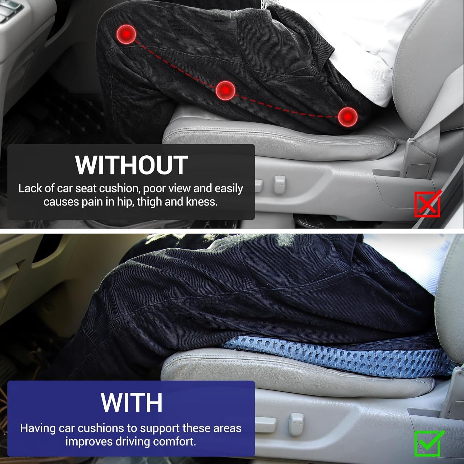 Car Seat Cushions for Driving - Memory Foam Seat Cushion Pads for Office Chair Long Sitting, Coccyx Cushion Support for Desk Chair, Wheelchair, Tailbone and Sciatica Pain Relief - Black