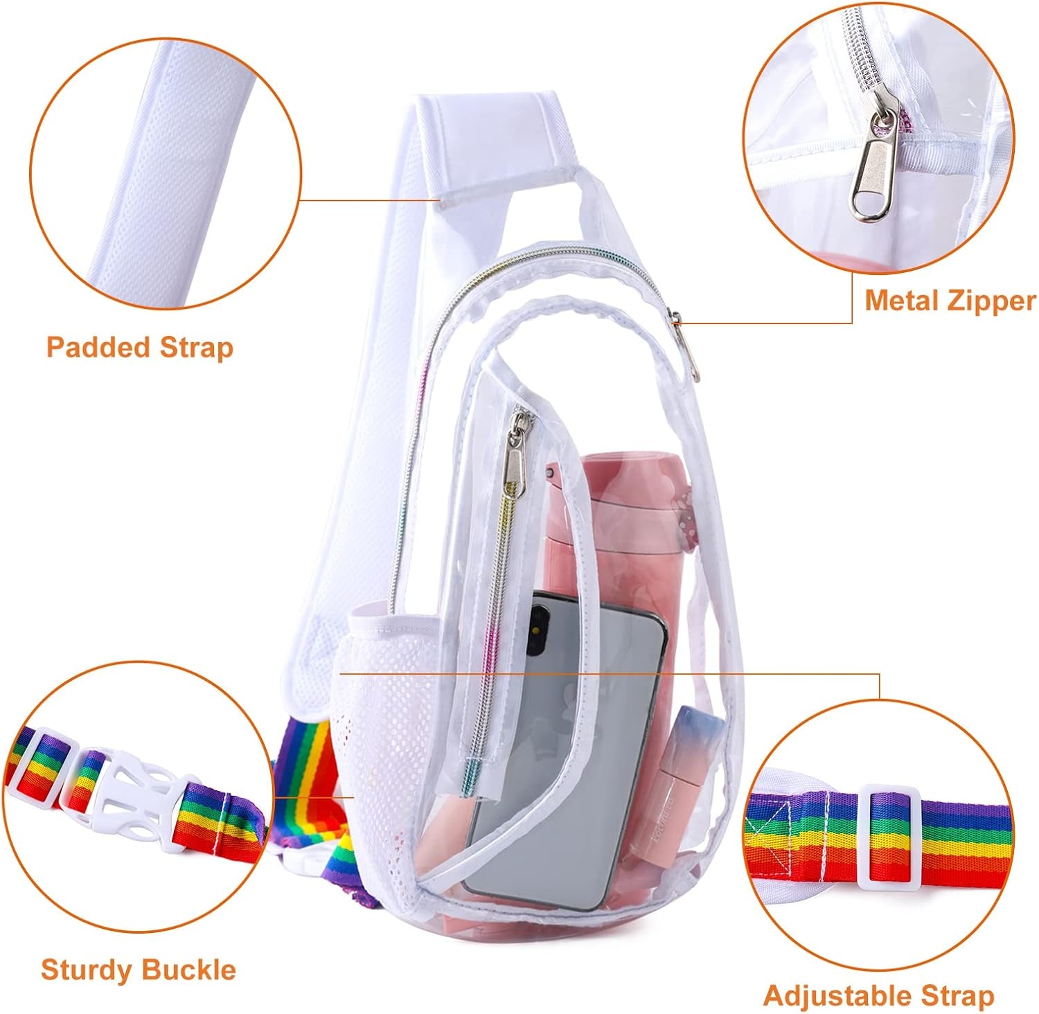 Clear Sling Bag, Stadium Approved Clear Bag, Transparent Chest Daypack for Hiking, Stadium or Concerts