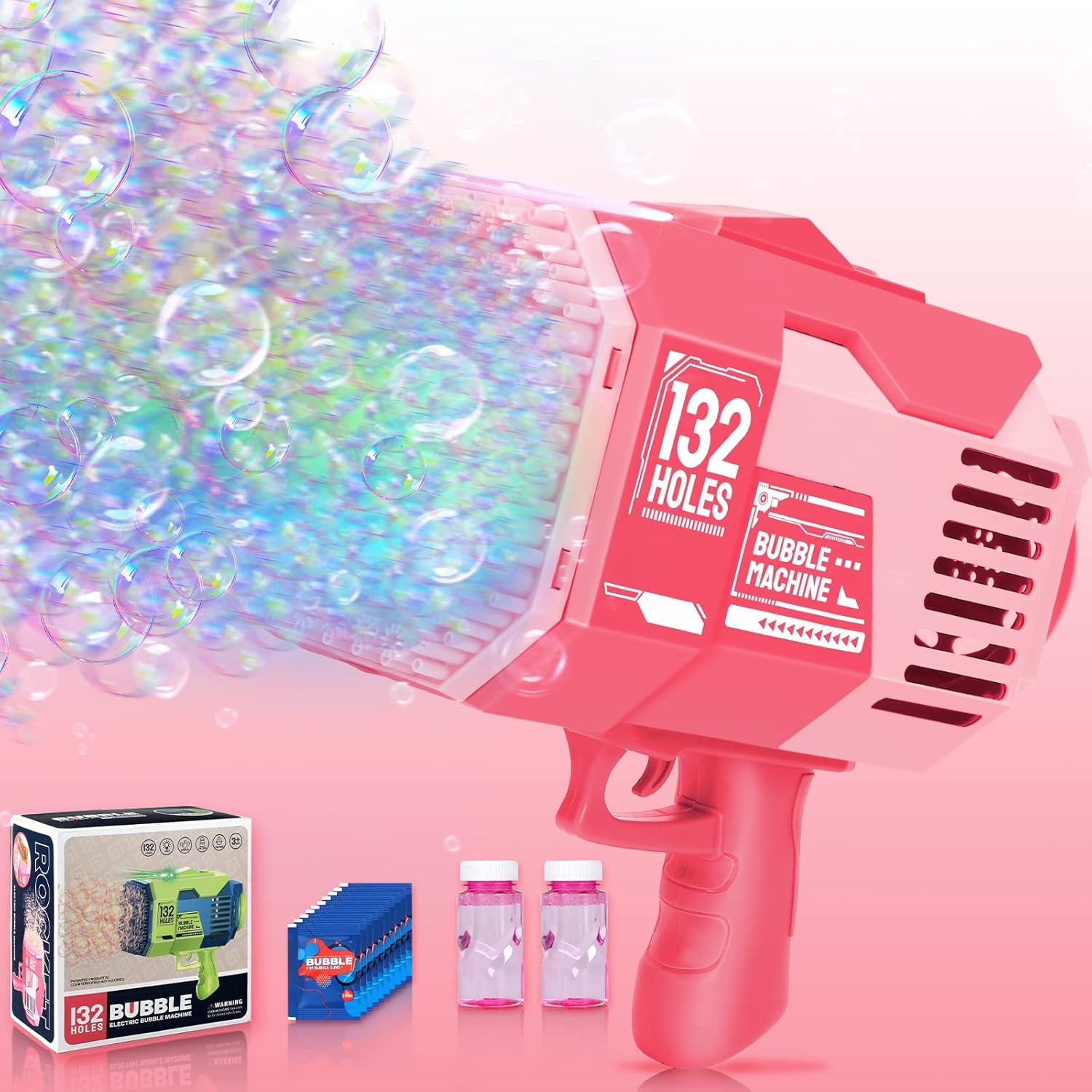 Bazooka Bubble Gun, 132 Holes Bubble Machine with Extra 10 Concentrated Bubbles Solution, Bubble Kids Toy for Boys Girls, Bubble Blaster for Birthday, Wedding, Outdoor Fun (Pink)
