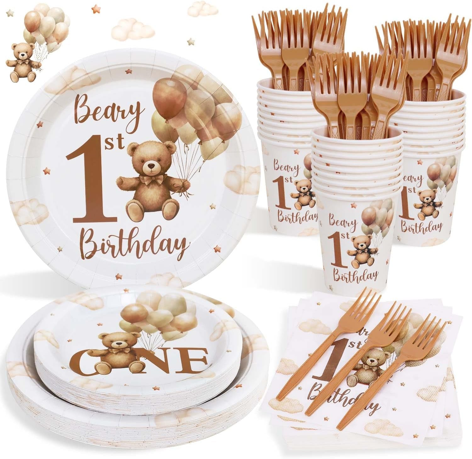 Beary First Birthday Decorations Boy Bear 1St Plates for 25 Guests, 1St Birthday Decorations for Boys 125Pcs Teddy Bear Beige Balloon Party Plates Cups and Napkins Baby One Party Decor