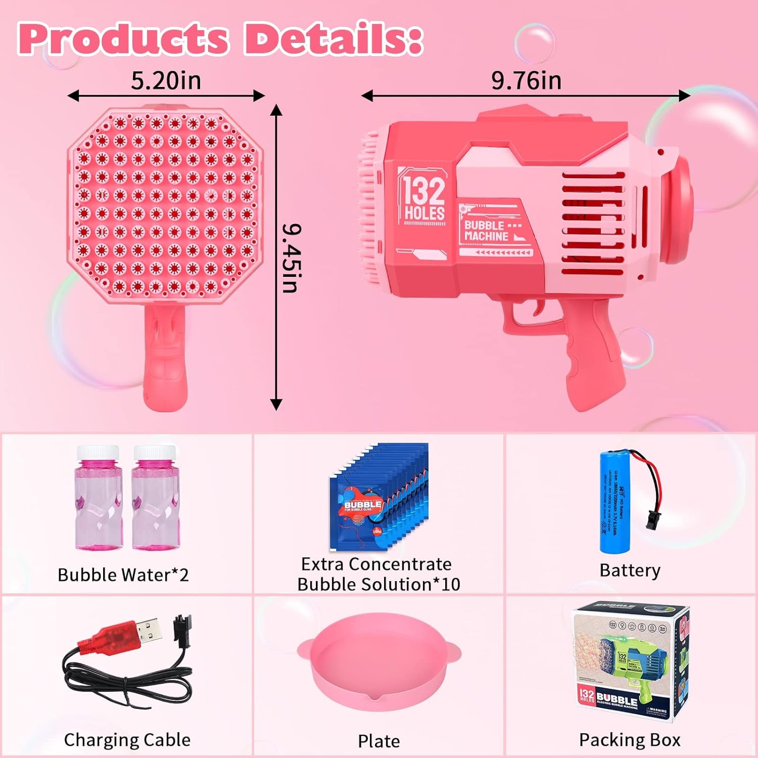 Bazooka Bubble Gun, 132 Holes Bubble Machine with Extra 10 Concentrated Bubbles Solution, Bubble Kids Toy for Boys Girls, Bubble Blaster for Birthday, Wedding, Outdoor Fun (Pink)