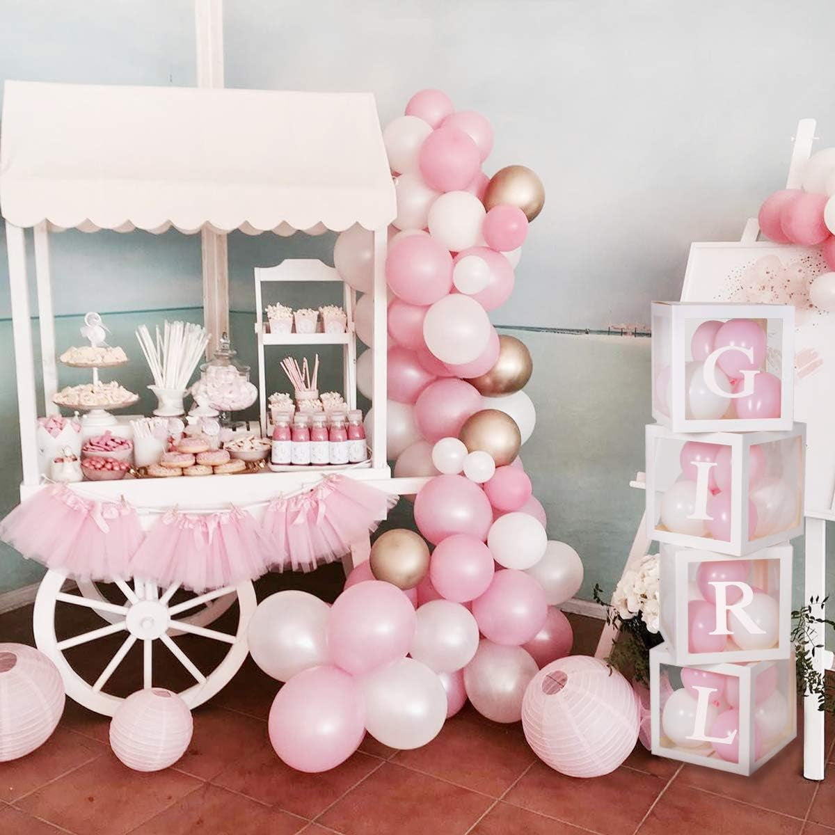 Baby Shower Decoration Balloon Boxes – 4Pcs DIY White Transparent Boxes with 30 Letters BABY + A-Z for Boys Girls Baby Shower,Diy Name Combination,Gender Reveal Backdrop Birthday Party Supplies