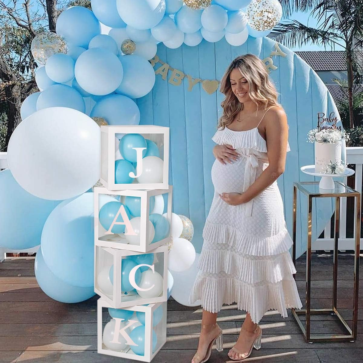 Baby Shower Decoration Balloon Boxes – 4Pcs DIY White Transparent Boxes with 30 Letters BABY + A-Z for Boys Girls Baby Shower,Diy Name Combination,Gender Reveal Backdrop Birthday Party Supplies