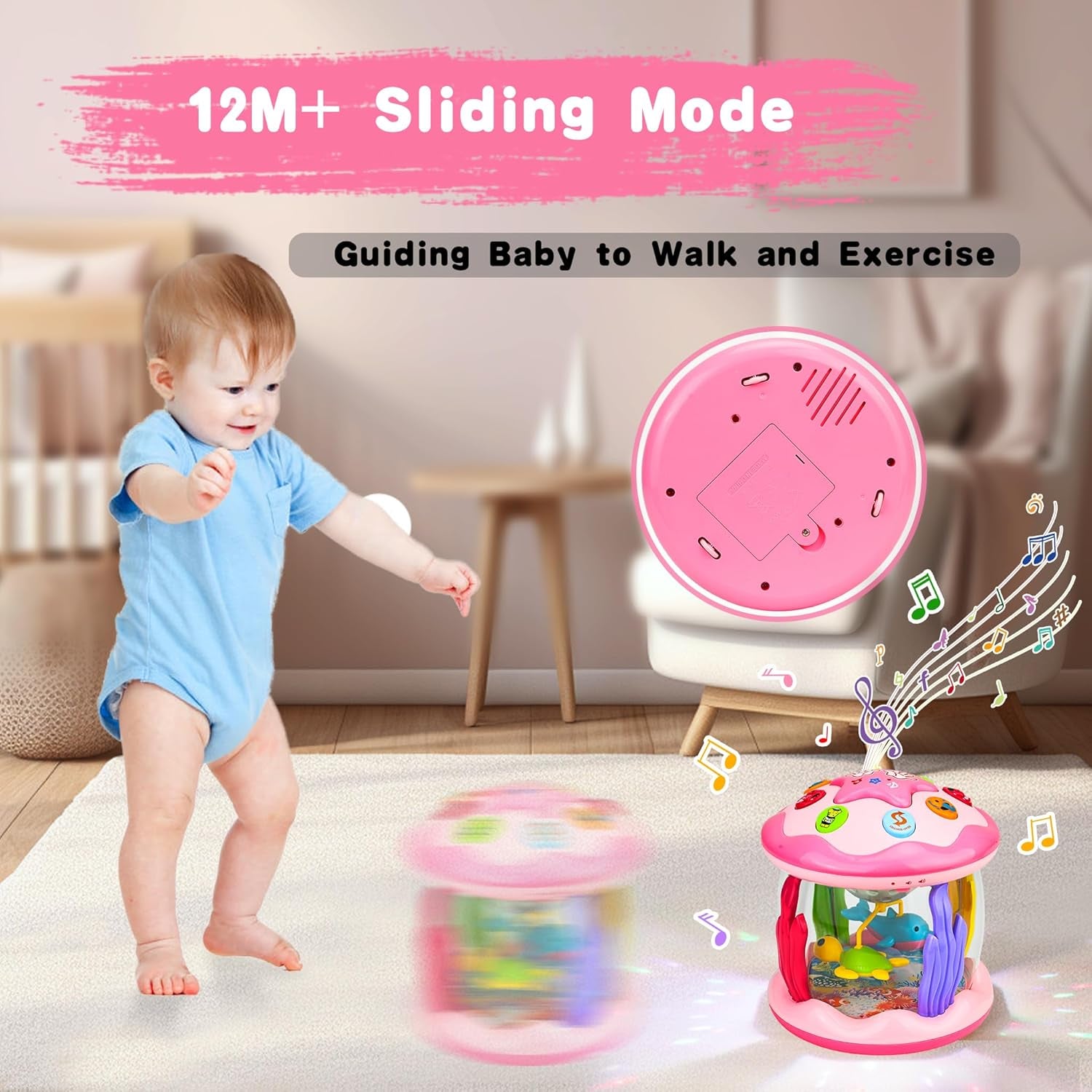 Baby Girl Toys 6-12 Months: Babies Ocean Rotating Light up Musical Toys 12-18 Months Crawling Learning Infant Toy for Toddlers 1 2 3 Years Old Baby Girl Gifts (Pink)