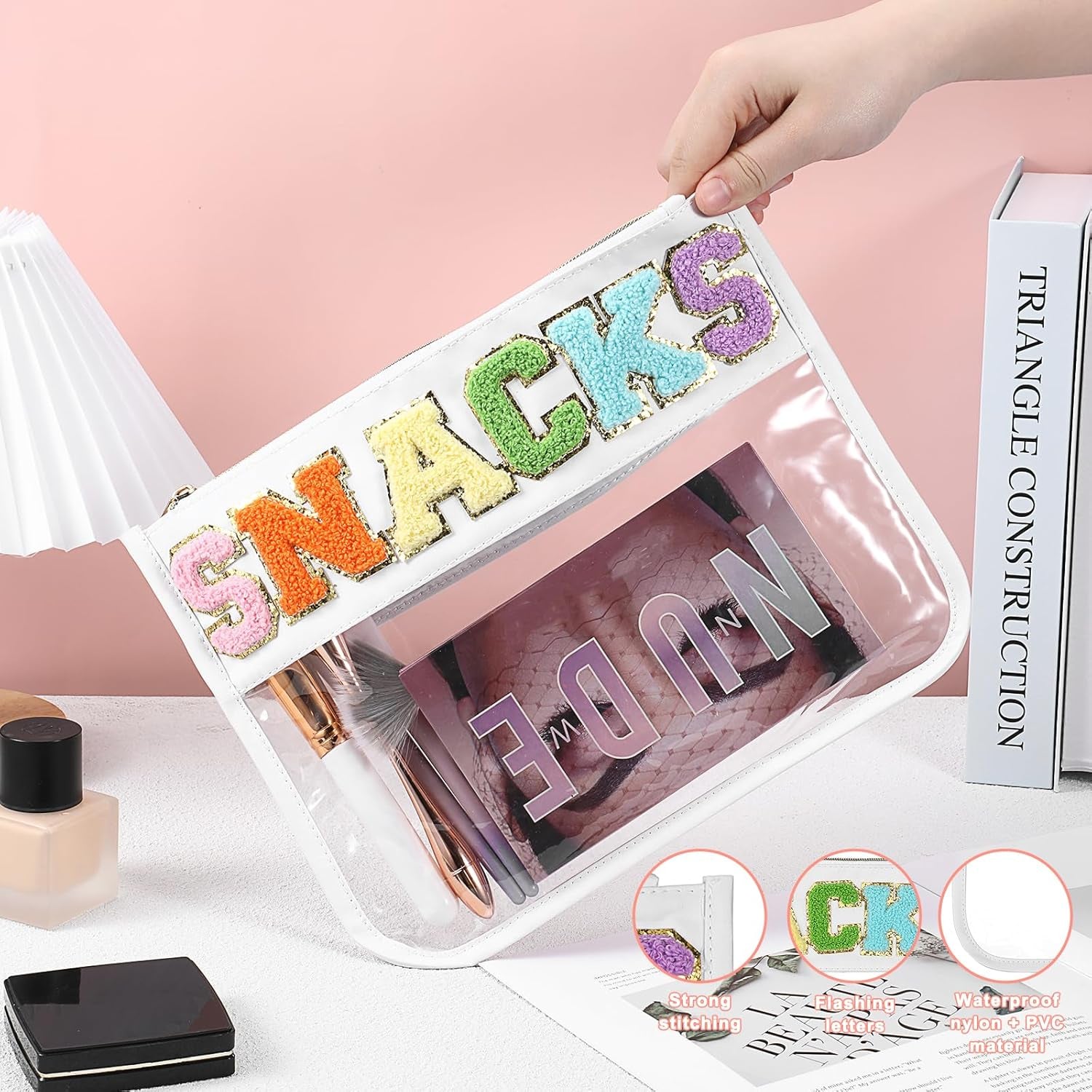 Chenille Letter Snack Bag Clear Makeup Bag Zipper Snack Pouch Waterproof Cosmetic Bag Toiletry Storage Bag Small Travel Bag for Women