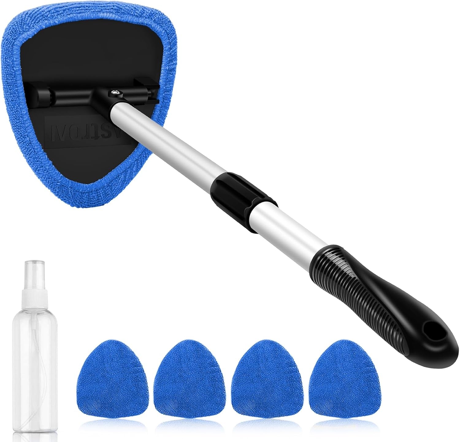 Car Windscreen Cleaner, Car Window Cleaner with 4 Reusable and Washable Microfiber Pads, Windshield Cleaning Tool with Detachable Handle Auto inside Glass Wiper Kit, Blue