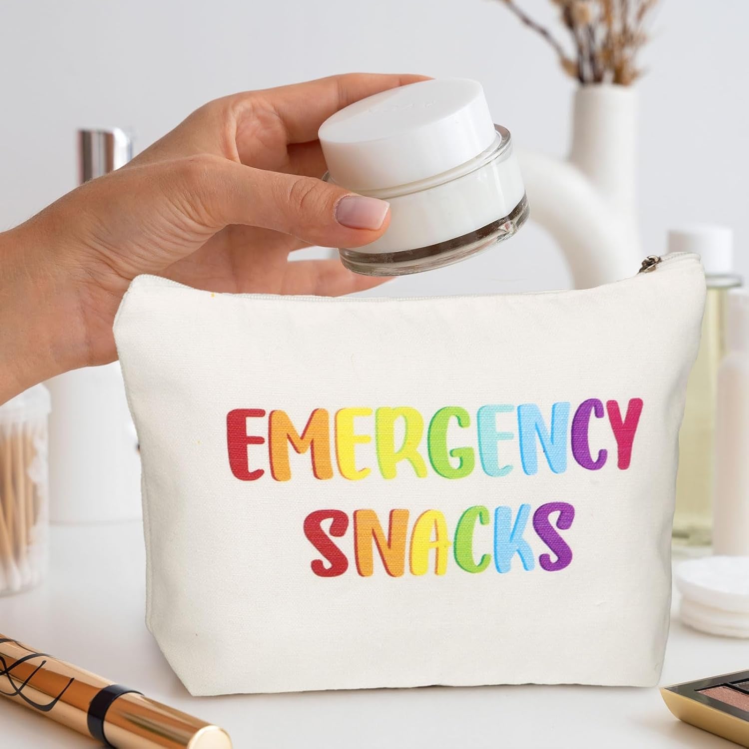 Canvas Zipper Pouch Bags Snacks Bags Cosmetic Bags Makeup Bag Toiletry Bag for Women, Travel, Beach (White)