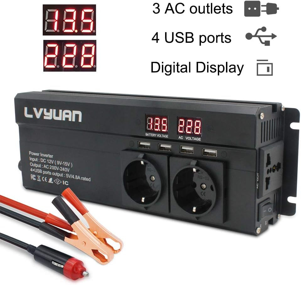 Cantonape Power Inverter 1000W/2000W Peak DC 12V to AC 230V 240V Converter with 4 USB Interfaces 2EU+1 Universal Socket