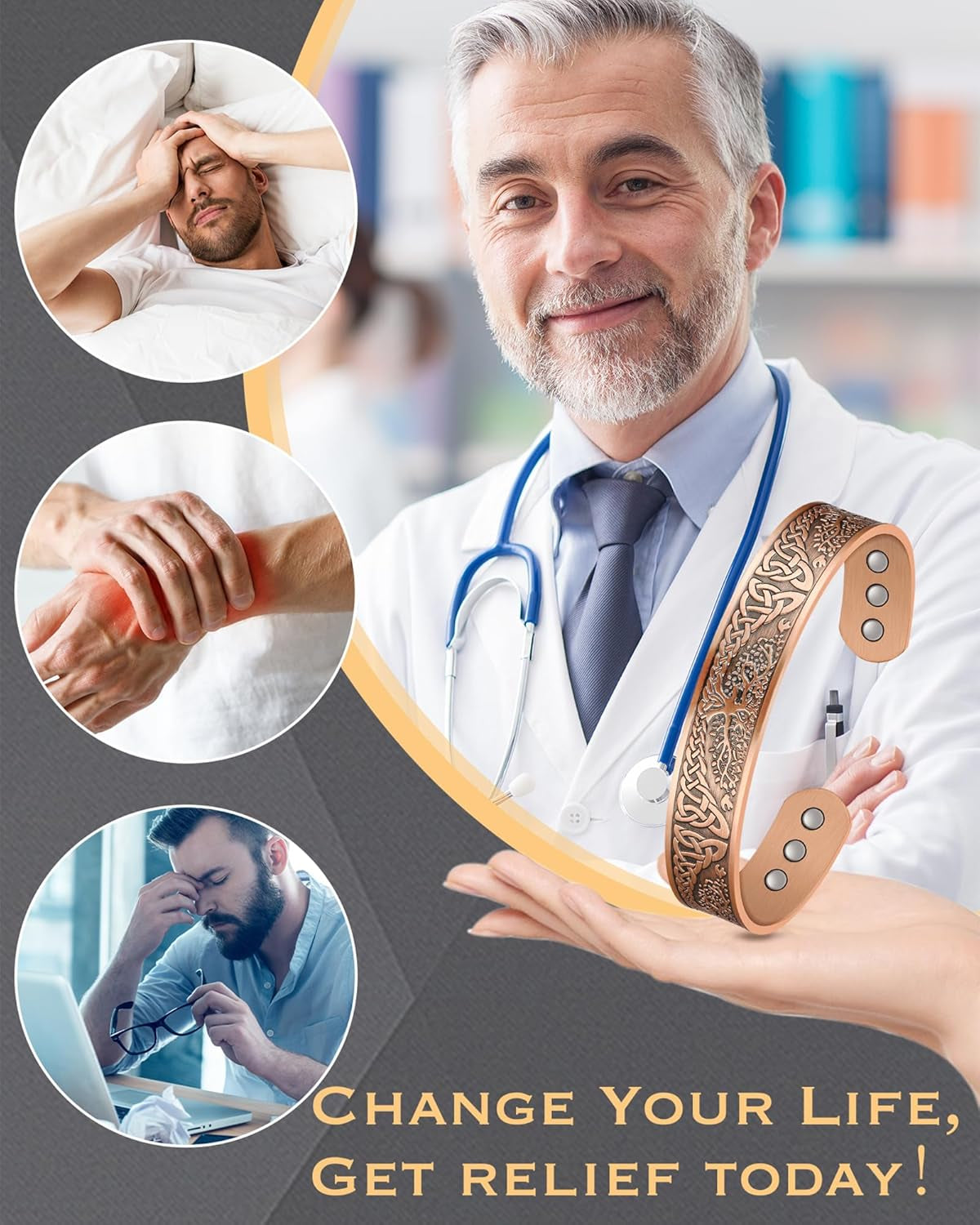 Copper Magnetic Bracelet for Men Women,Tree of Life 100% Solid Copper Cuff Bangle with 6 3500 Guass Magnets,Adjustable Size Brazaletes with Jewellry Gift Box