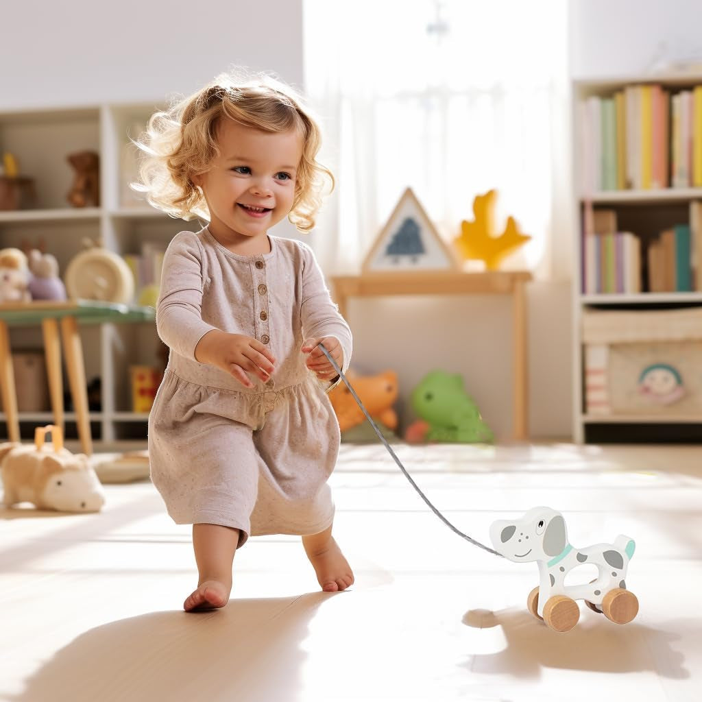 Baby Toys Car,Wooden Pull along Toddler Toy, Developmental Toy for 1 Year Old Girl Boy Birthday Gift (Dog)