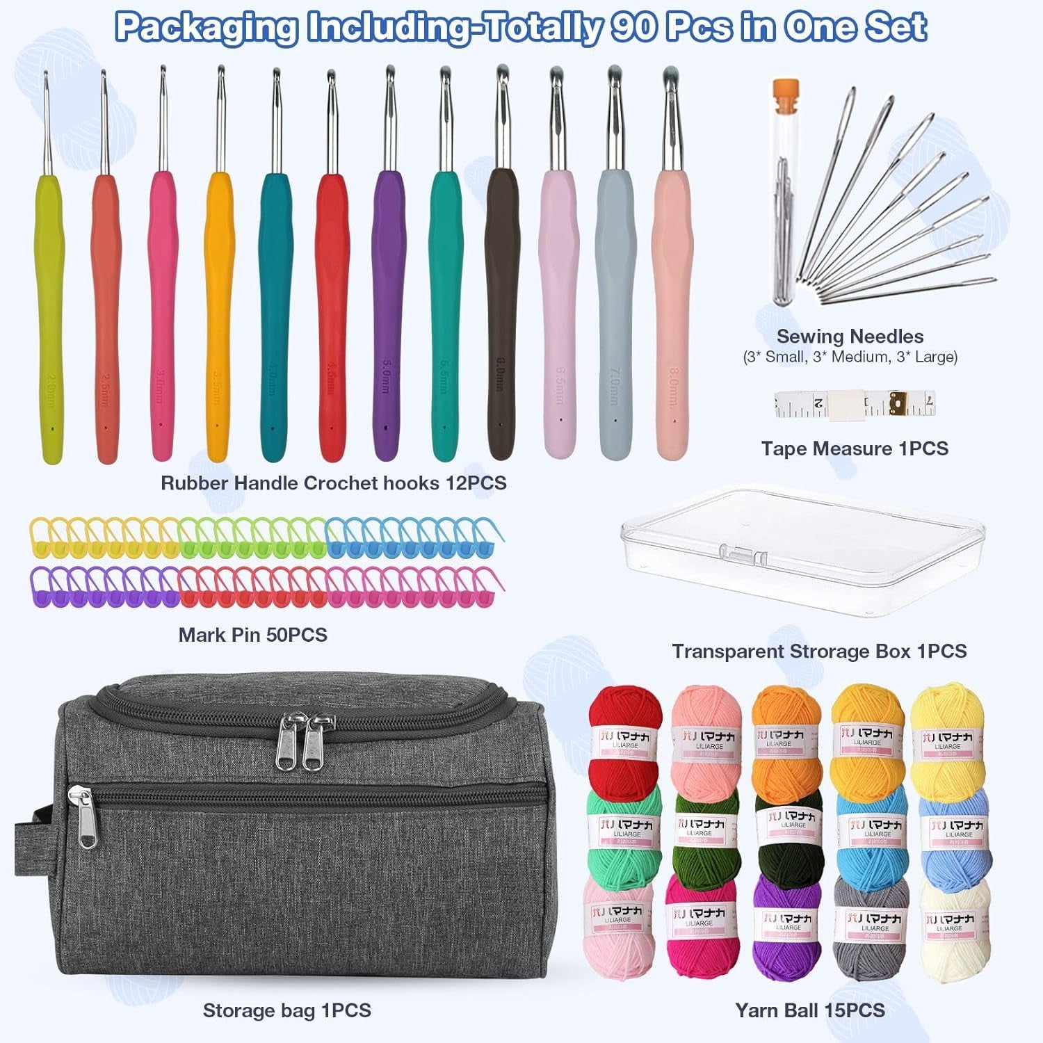 Crochet Kit Crochet Kits for Beginners Adults 15Pcsx25G Crochet Yarns Ergonomic Metal Crochet Hooks 2Mm-8Mm Knitting Accessories Tools Storage Case Needles Crochet Starter Kit-Blue