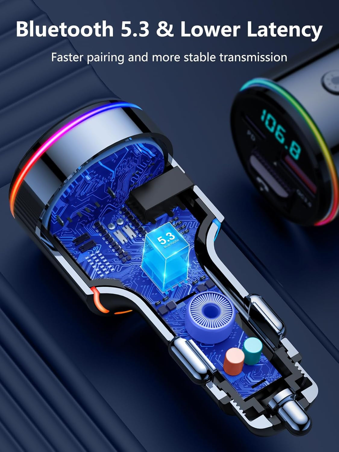Bluetooth 5.3 FM Transmitter for Car, 【All-Metal】 Dual-Purpose Bluetooth Car Adapter with Aux Port, 【QC3.0 18W & PD 30W】 Car Radio Receiver for Hands-Free Call, Dual 7-Color Backlit