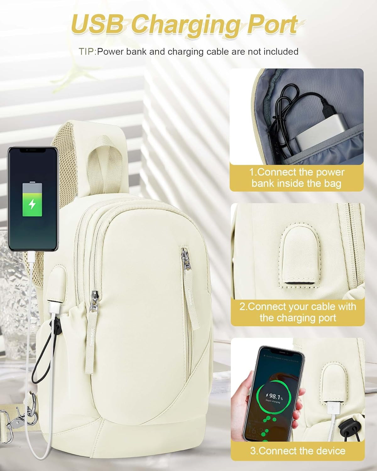 Crossbody Sling Backpacks Sling Bag for Men Women, Shoulder Backpack Chest Bags with USB Charger Port off White