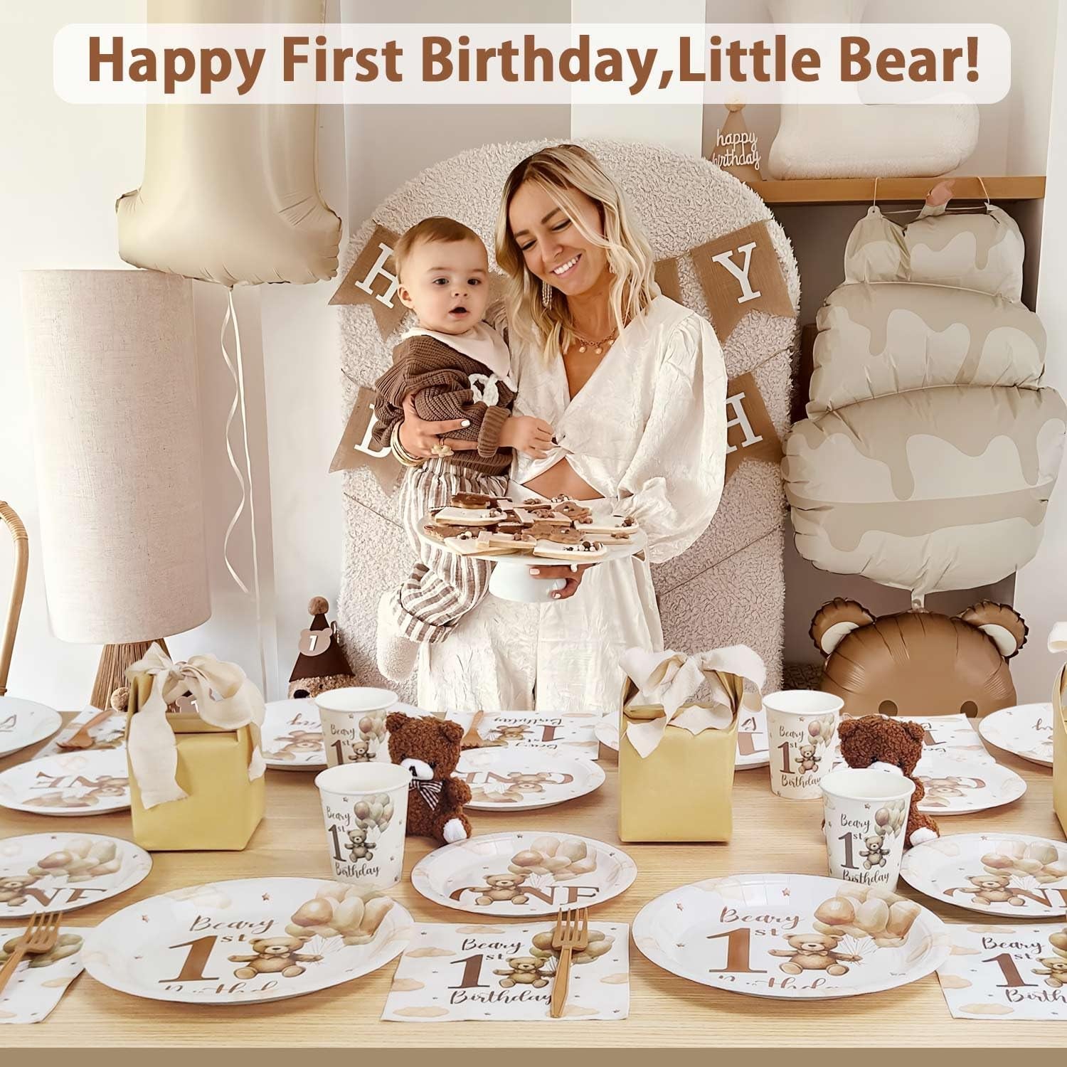 Beary First Birthday Decorations Boy Bear 1St Plates for 25 Guests, 1St Birthday Decorations for Boys 125Pcs Teddy Bear Beige Balloon Party Plates Cups and Napkins Baby One Party Decor