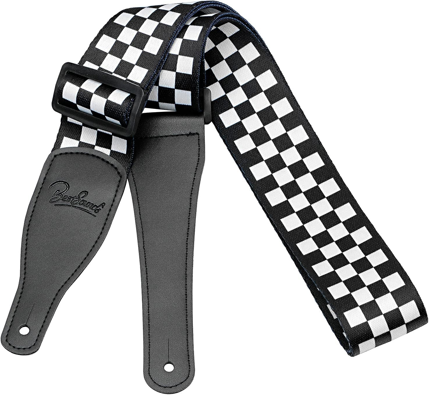 Checkerboard Guitar Strap & Leather Ends Guitar Shoulder Strap, Suitable for Bass, Electric & Acoustic Guitars (Black and White Checkered)