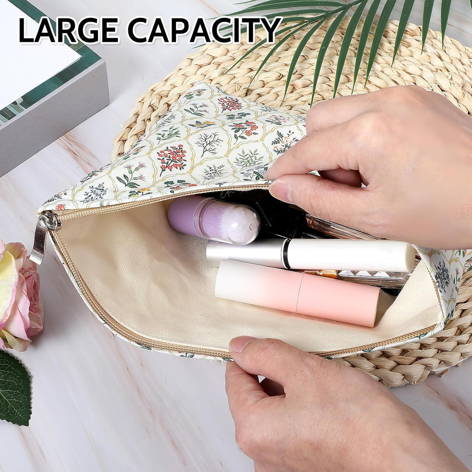 Cosmetic Bag Makeup Bag Large Capacity Elegant Bow Preppy Aesthetic Design Canvas Zipper Organizer Pouch Cute Roomy Pink Portable Toiletry Bag for Women Girl (Green (Diamond Pattern))