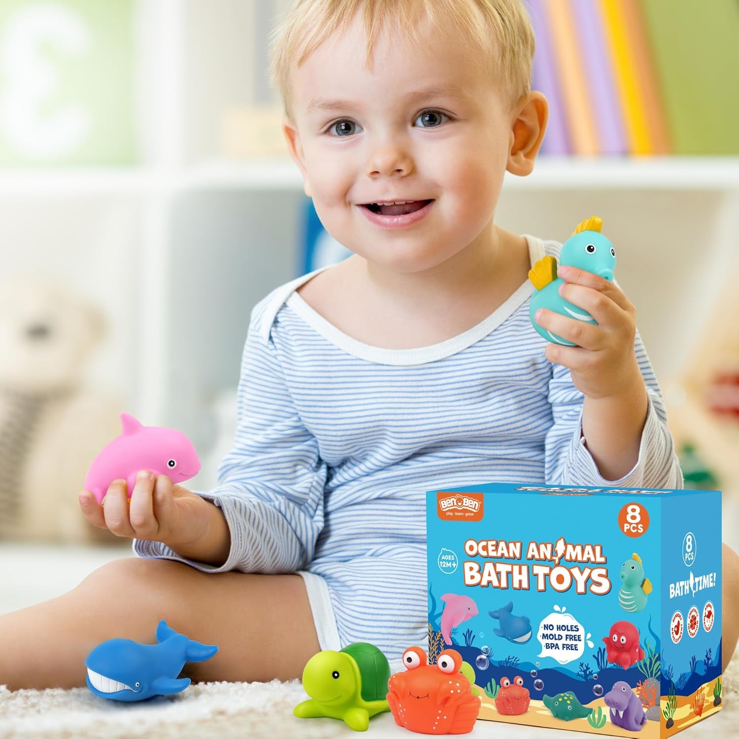 Bath Toys for Kids Ages 1-3, Mold Free Baby Bath Toys for Toddlers 2-4, 8PCS No Holes Ocean Sea Animal Bathtub Toys, Soft Bath Tub Toys