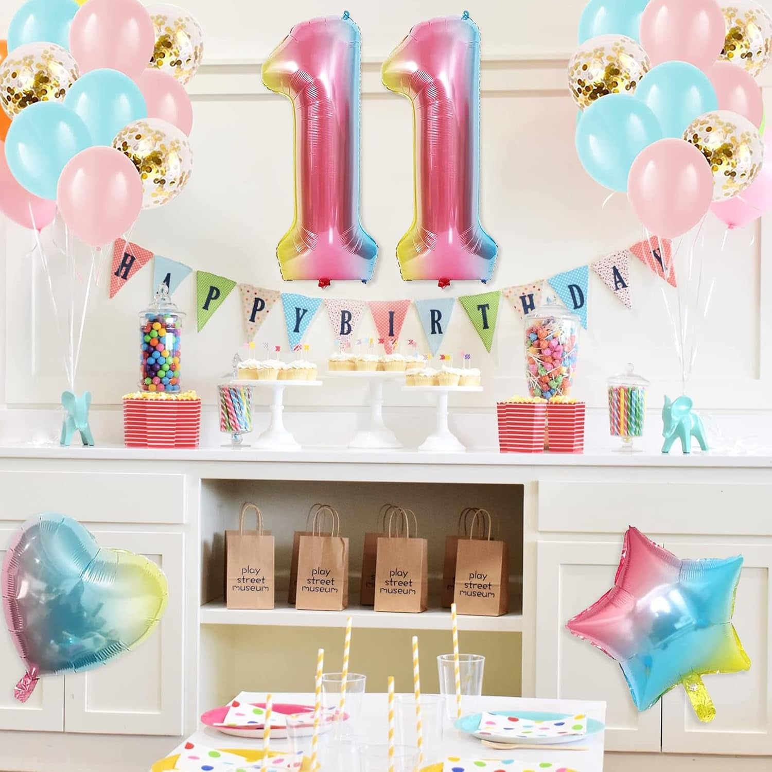 Baby Girl 11Th Birthday Decor Gradient Color Age 11 Balloons with Happy Banner for Showers Eleventh Party Supplies Girls Boys (11St-Birthday), Medium (BL-248)
