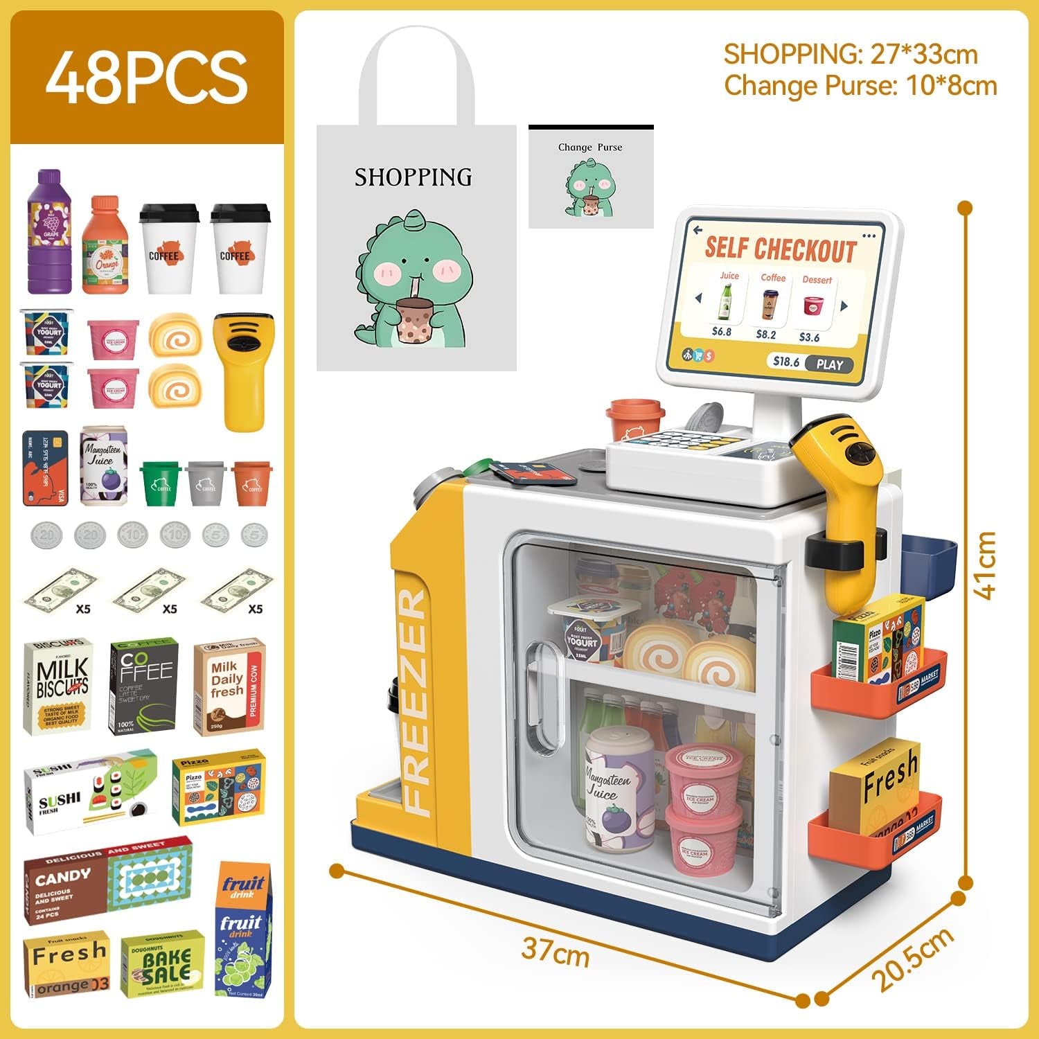 Cash Register Playset for Kids - 48PCS Pretend Play Money, Calculator, Scanner, Credit Card and Play Food for Boys and Girls Ages 3+ (668-125)