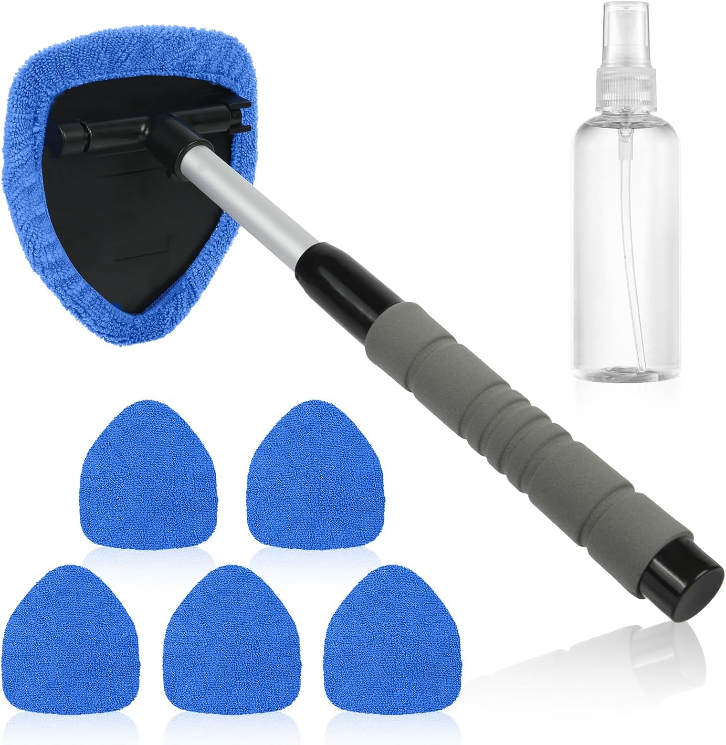 Car Window Cleaner Kit, Multifunctional Expandable Windscreen Cleaner, Car Windscreen Cleaner with 5 Reusable Microfiber Pads, 1 Spray Bottles,180° Swivel Head, Ideal for All Vehicles(Triangle)