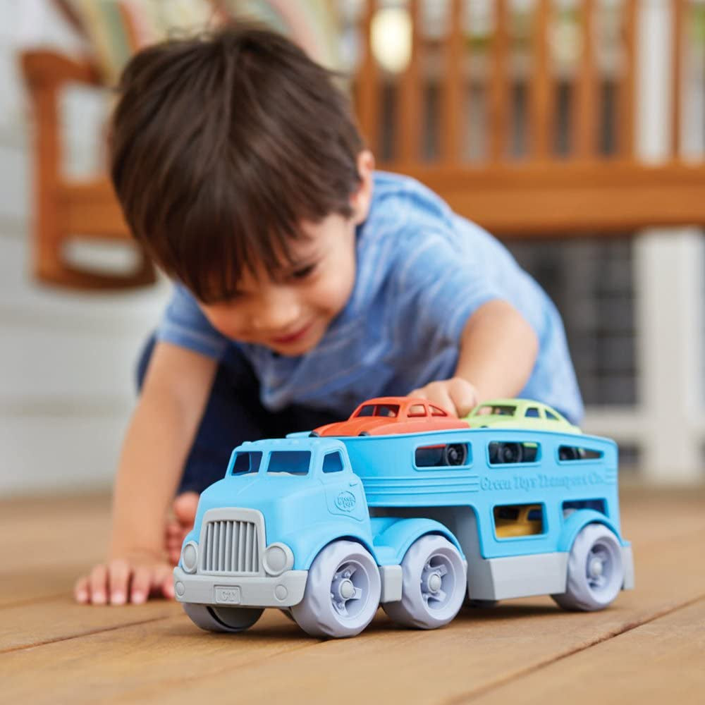 Car Carrier, Blue - Pretend Play, Motor Skills, Kids Toy Vehicle. No BPA, Phthalates, PVC. Dishwasher Safe, Recycled Plastic, Made in USA (4 Piece Set)