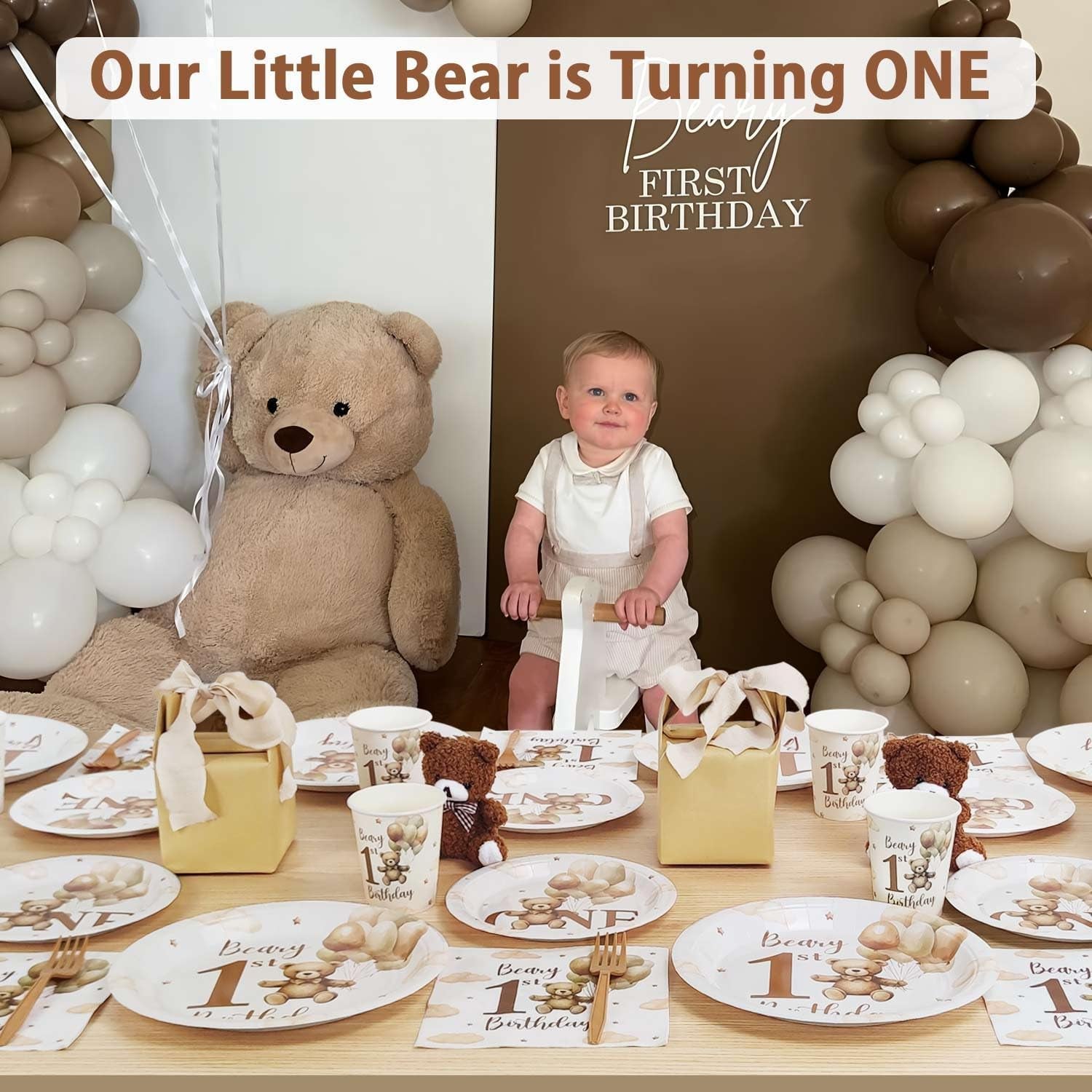 Beary First Birthday Decorations Boy Bear 1St Plates for 25 Guests, 1St Birthday Decorations for Boys 125Pcs Teddy Bear Beige Balloon Party Plates Cups and Napkins Baby One Party Decor