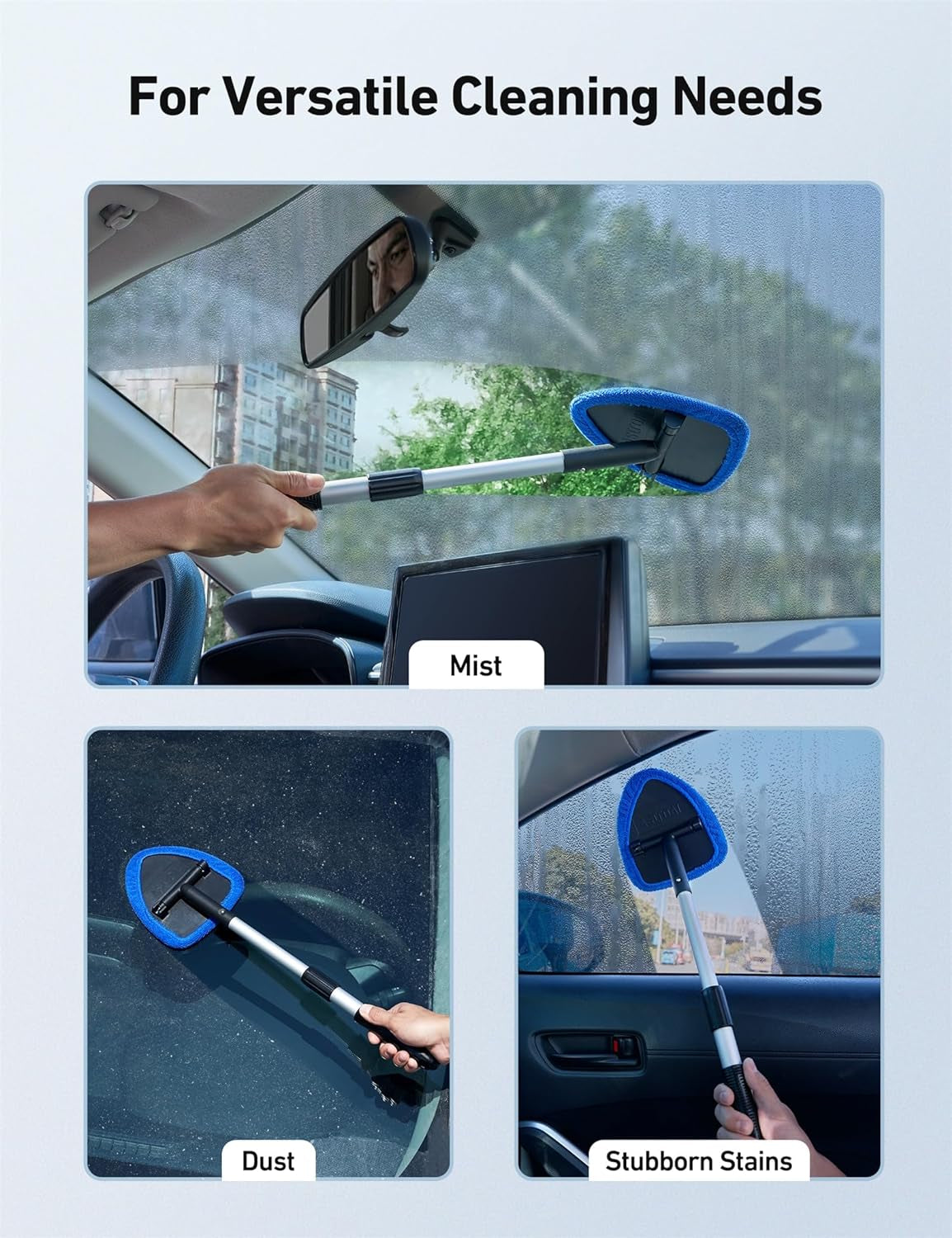 Car Windscreen Cleaner, Car Window Cleaner with 4 Reusable and Washable Microfiber Pads, Windshield Cleaning Tool with Detachable Handle Auto inside Glass Wiper Kit, Blue