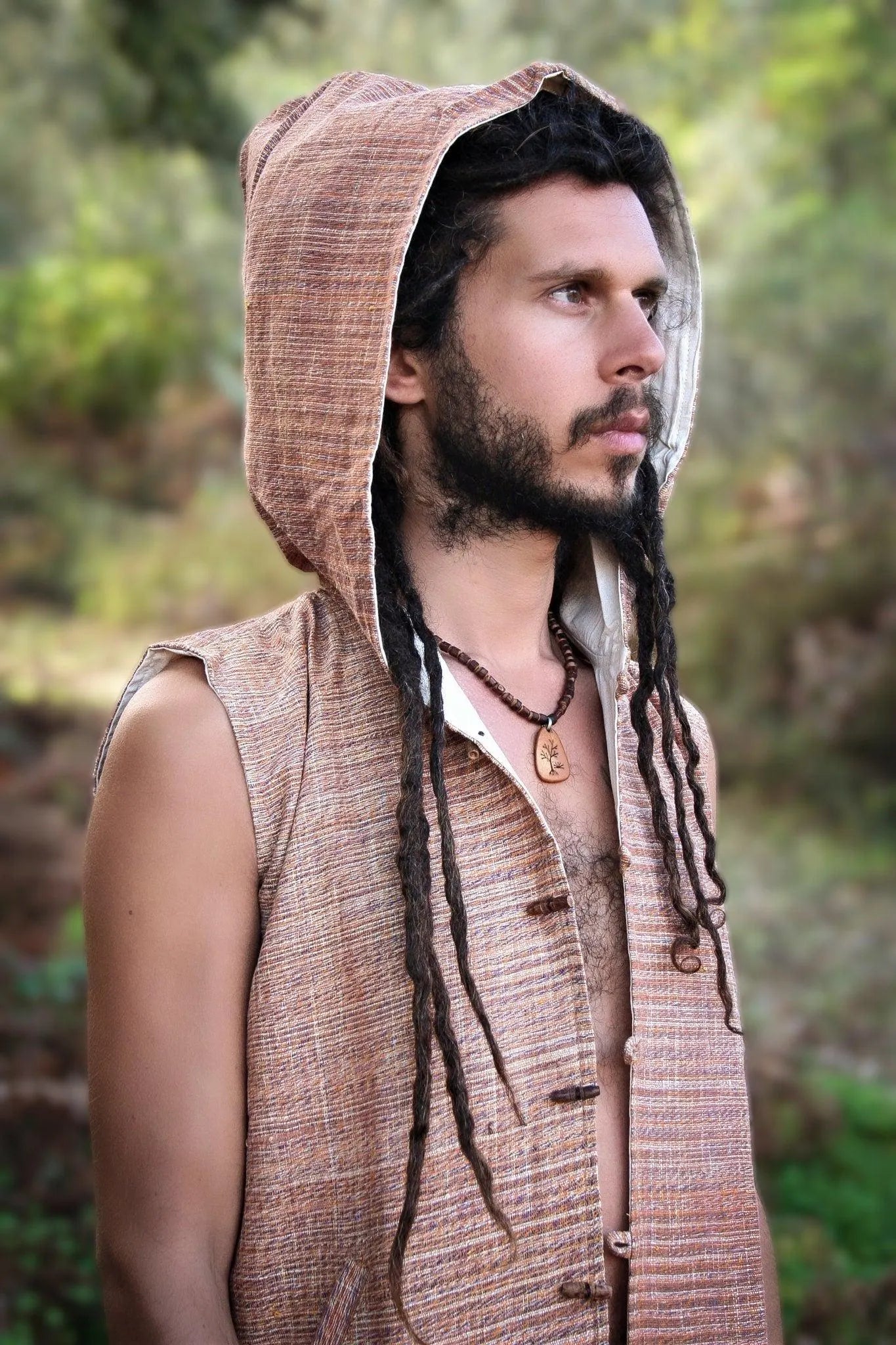 Men'S Khadi Cotton Hooded Vest: Earthy Boho Waistcoat