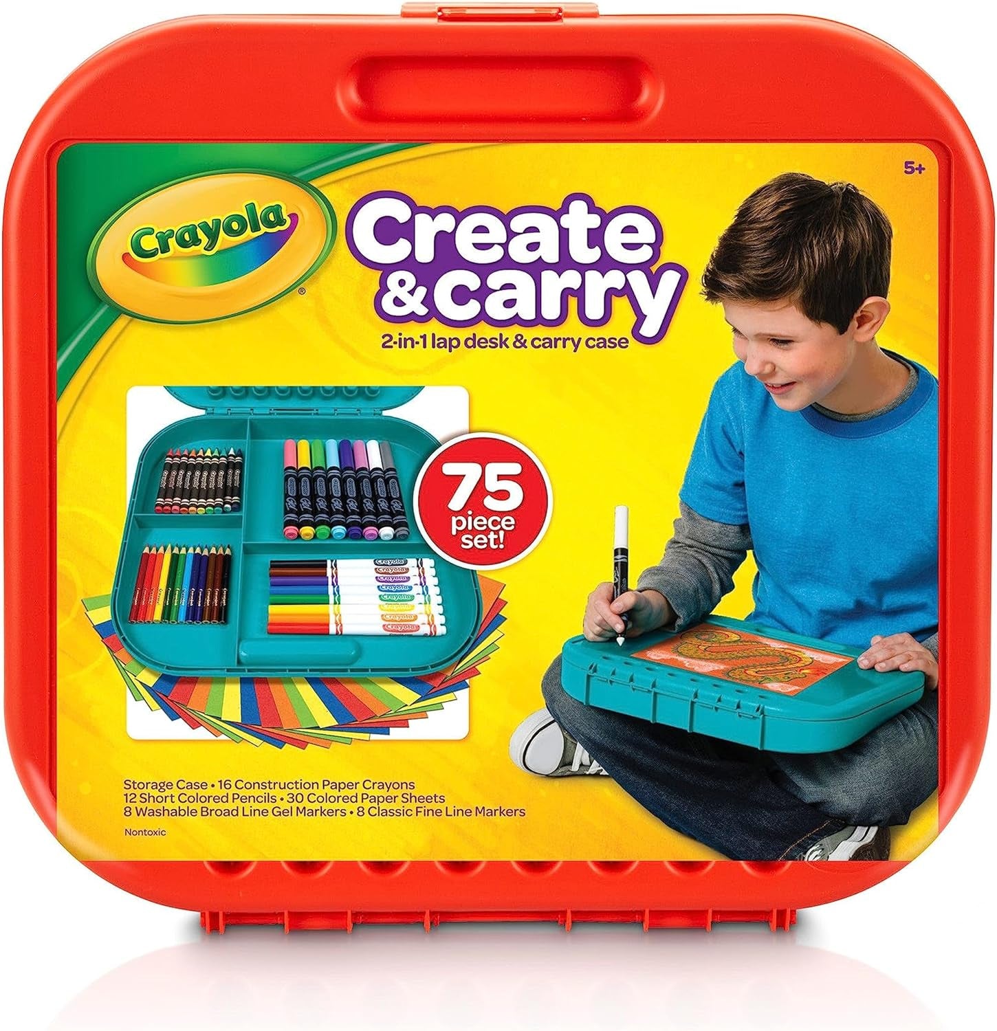 Create 'N Carry Art Set (75Pcs), 2-In-1 Lap Desk & Carrying Case, Art Kit for Kids Crafts, Drawing & Coloring Supplies, Easter Gifts for Kids