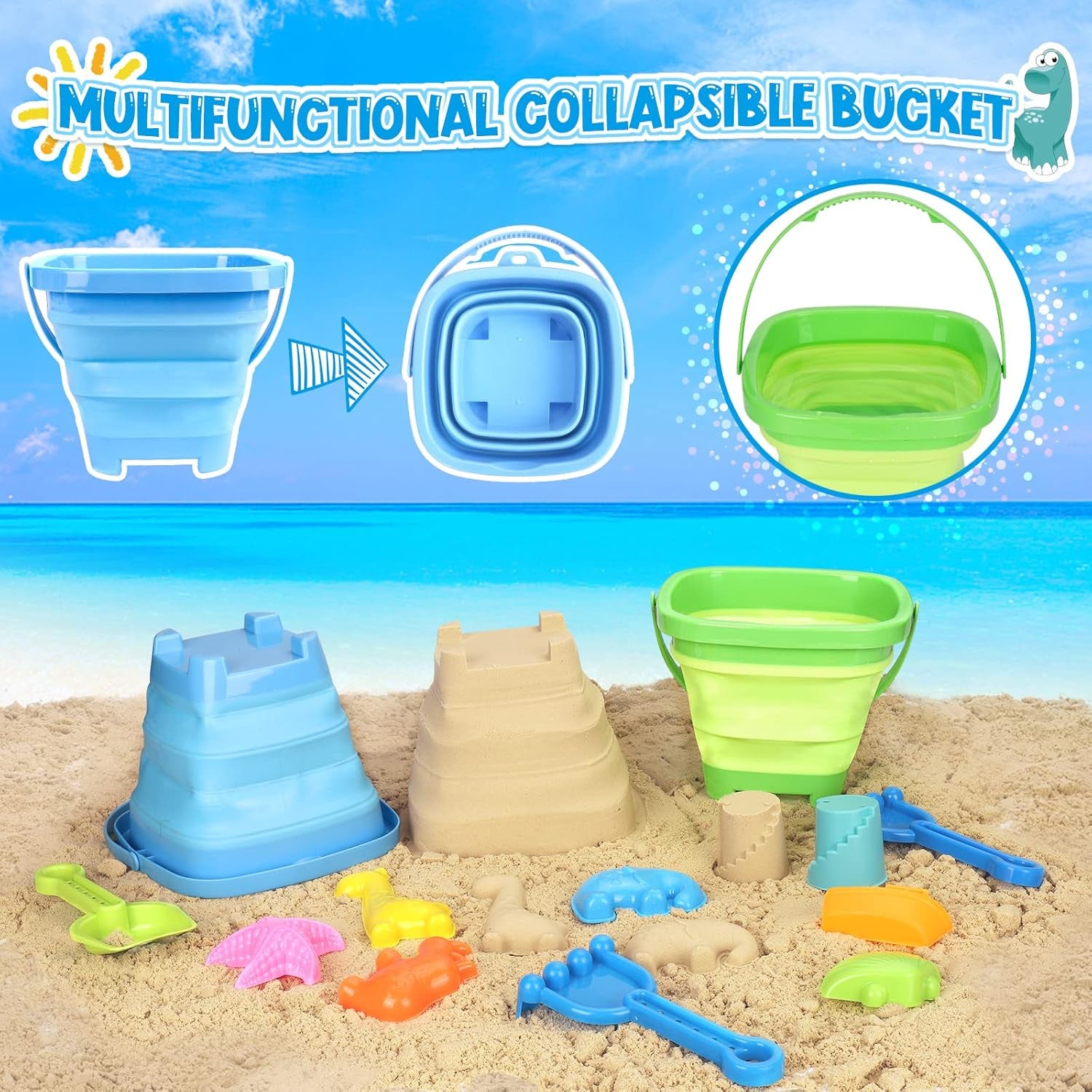 Beach Toys, 31Pcs Sand Toys, Sandbox Toys with 2 Truck 2 Collapsible Sand Bucket, Shovel Set, Sand Castle Kit, Animal Dinosaur Molds Etc. Mesh Bag, Travel Toys for Kids Toddlers Boys Girls