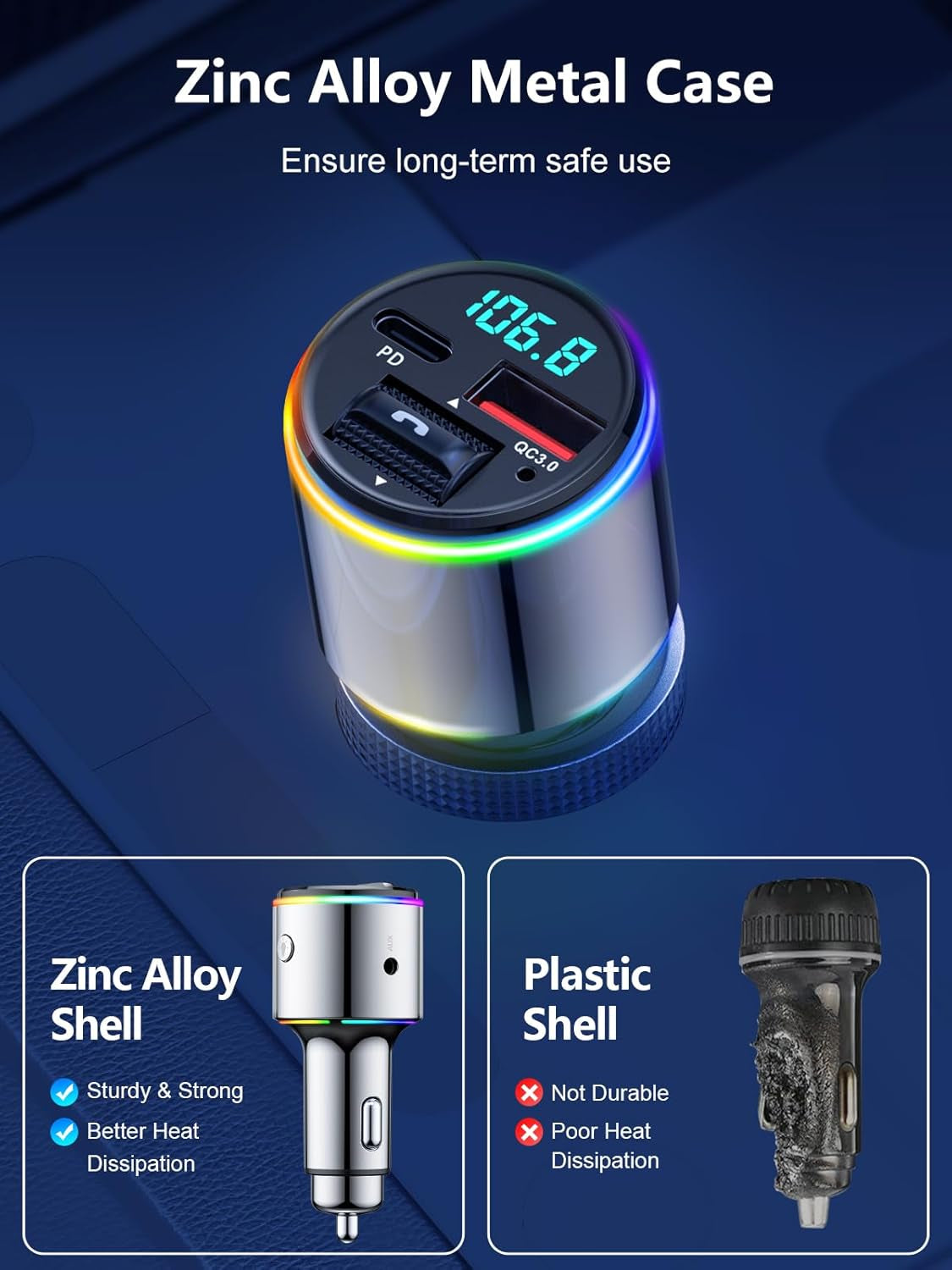 Bluetooth 5.3 FM Transmitter for Car, 【All-Metal】 Dual-Purpose Bluetooth Car Adapter with Aux Port, 【QC3.0 18W & PD 30W】 Car Radio Receiver for Hands-Free Call, Dual 7-Color Backlit