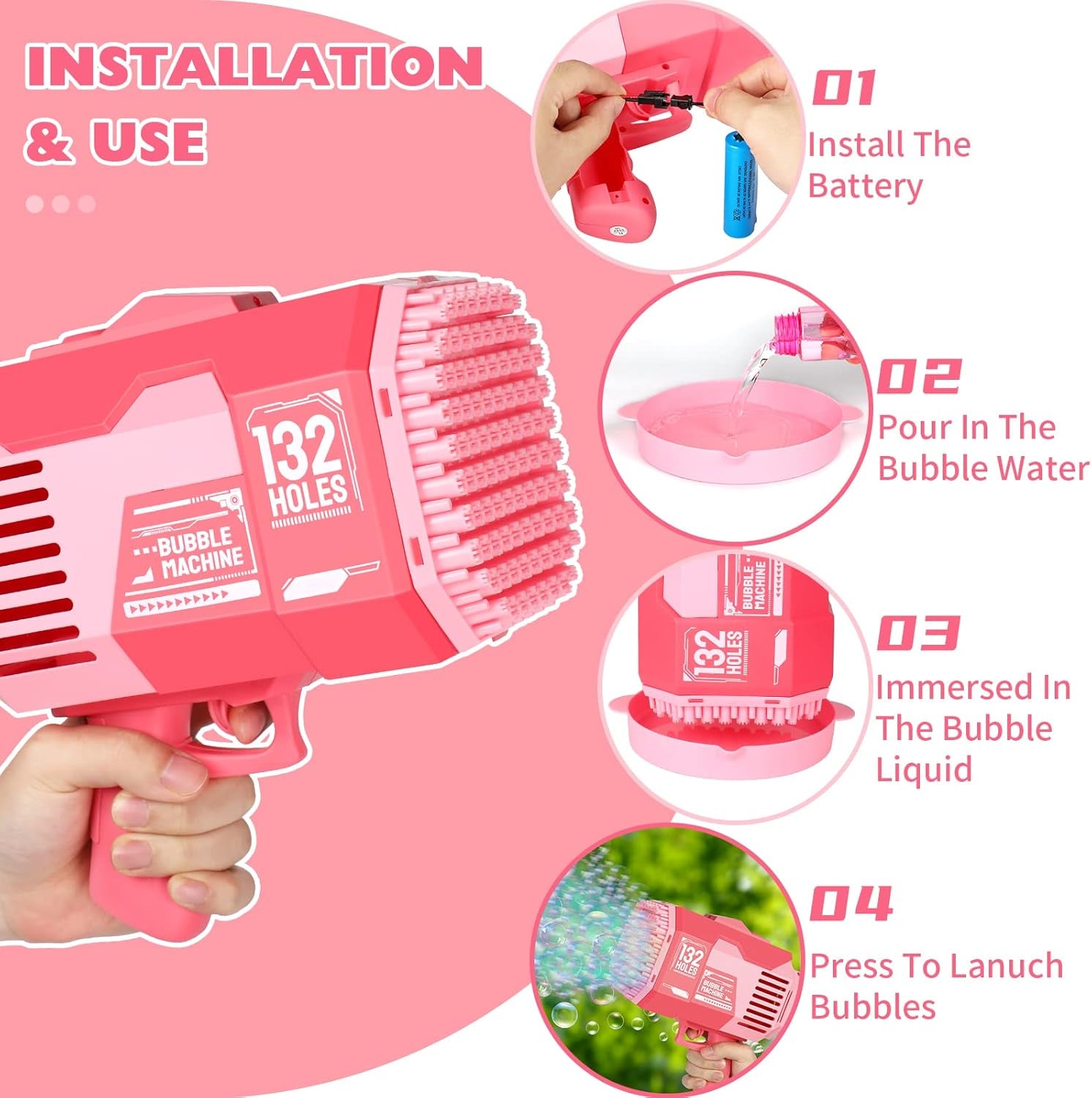 Bazooka Bubble Gun, 132 Holes Bubble Machine with Extra 10 Concentrated Bubbles Solution, Bubble Kids Toy for Boys Girls, Bubble Blaster for Birthday, Wedding, Outdoor Fun (Pink)