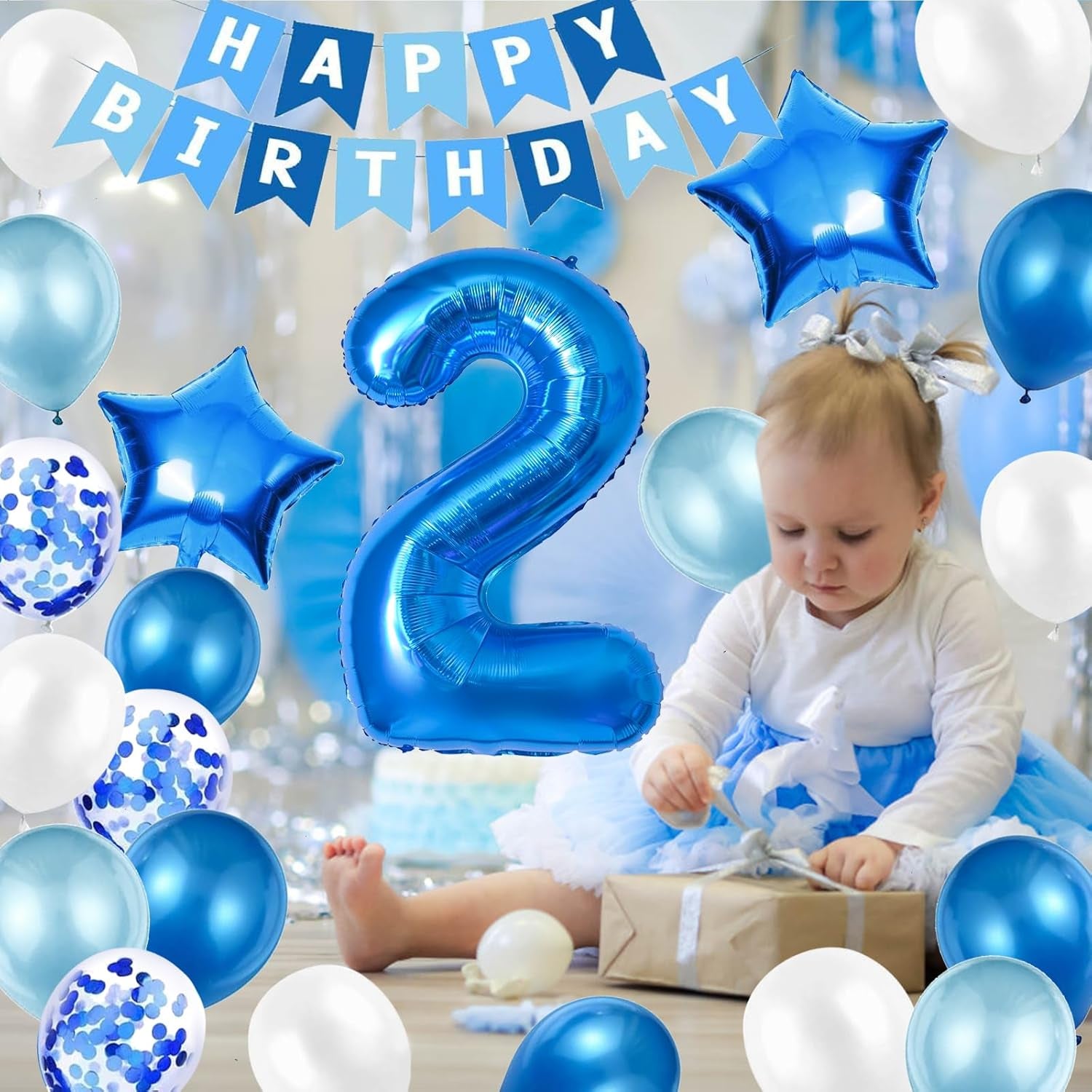 2Nd Birthday Decorations for Boys, Number 2 Balloon, Blue Silver 2Nd Party Decorations, Happy Birthday Bunting Banner, 32Inch Foil Number 2 Balloons Set for Birthday Party Anniversary Decorations